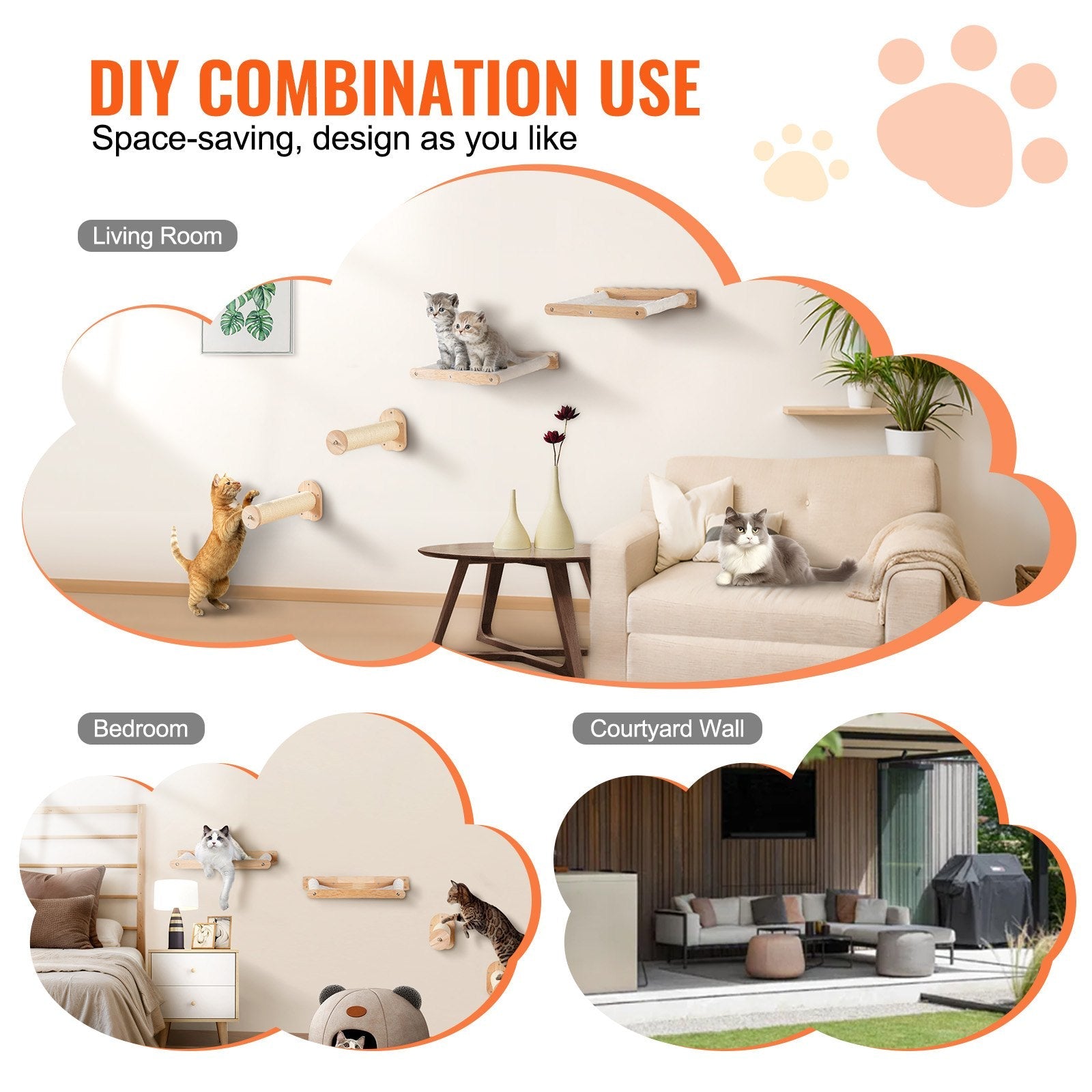 VEVOR Wall Mounted Cat Shelves with 2 Jumping Posts & 2 Hammocks up to 40 lbs 