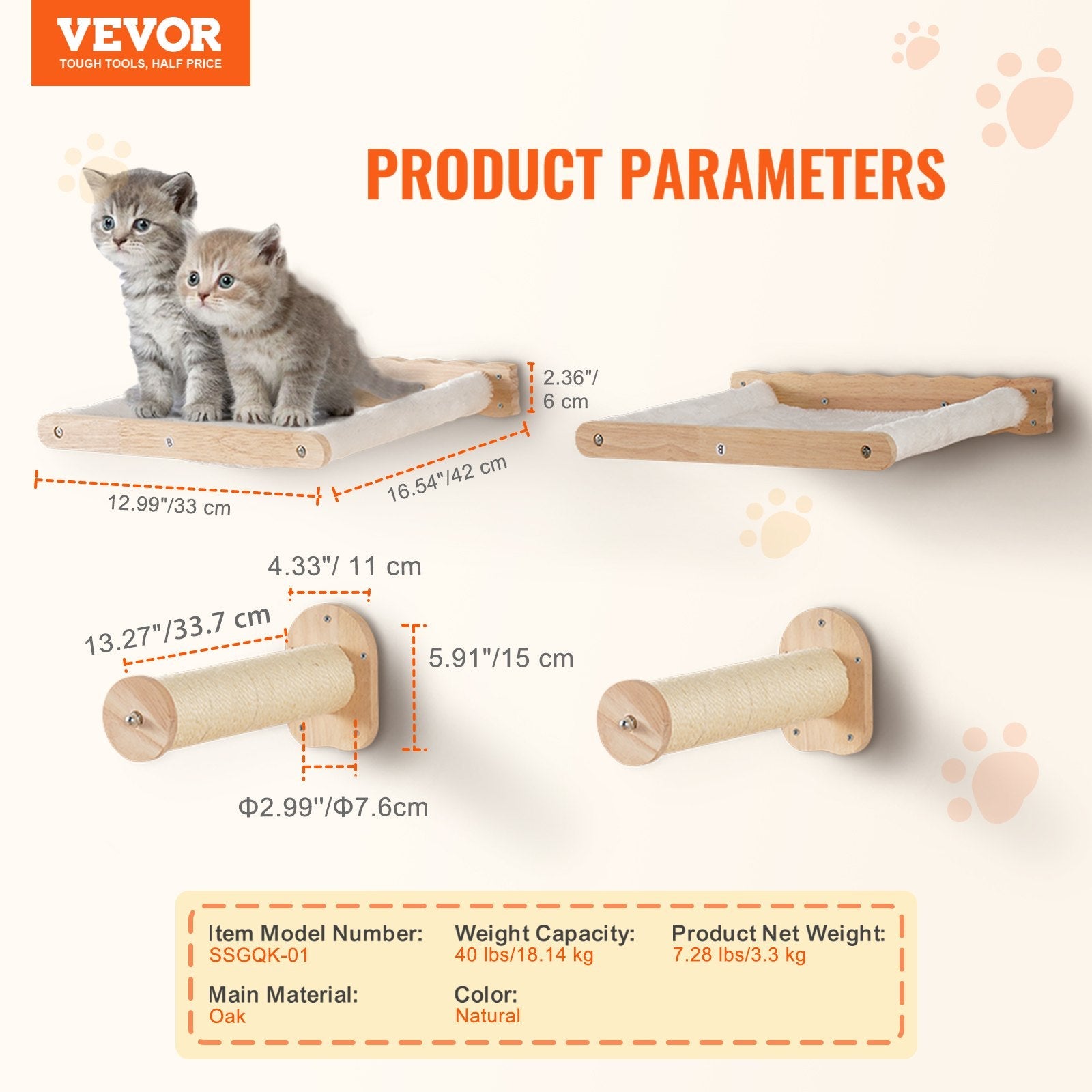 VEVOR Wall Mounted Cat Shelves with 2 Jumping Posts & 2 Hammocks up to 40 lbs 