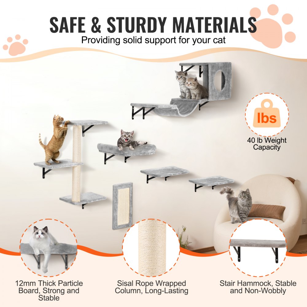 VEVOR Wall Mounted Cat Shelves Tree with Jump Boards Hammock Sofa Grip Set of 6 