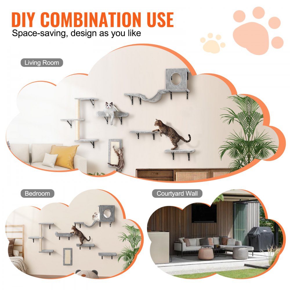 VEVOR Wall Mounted Cat Shelves Tree with Jump Boards Hammock Sofa Grip Set of 6 