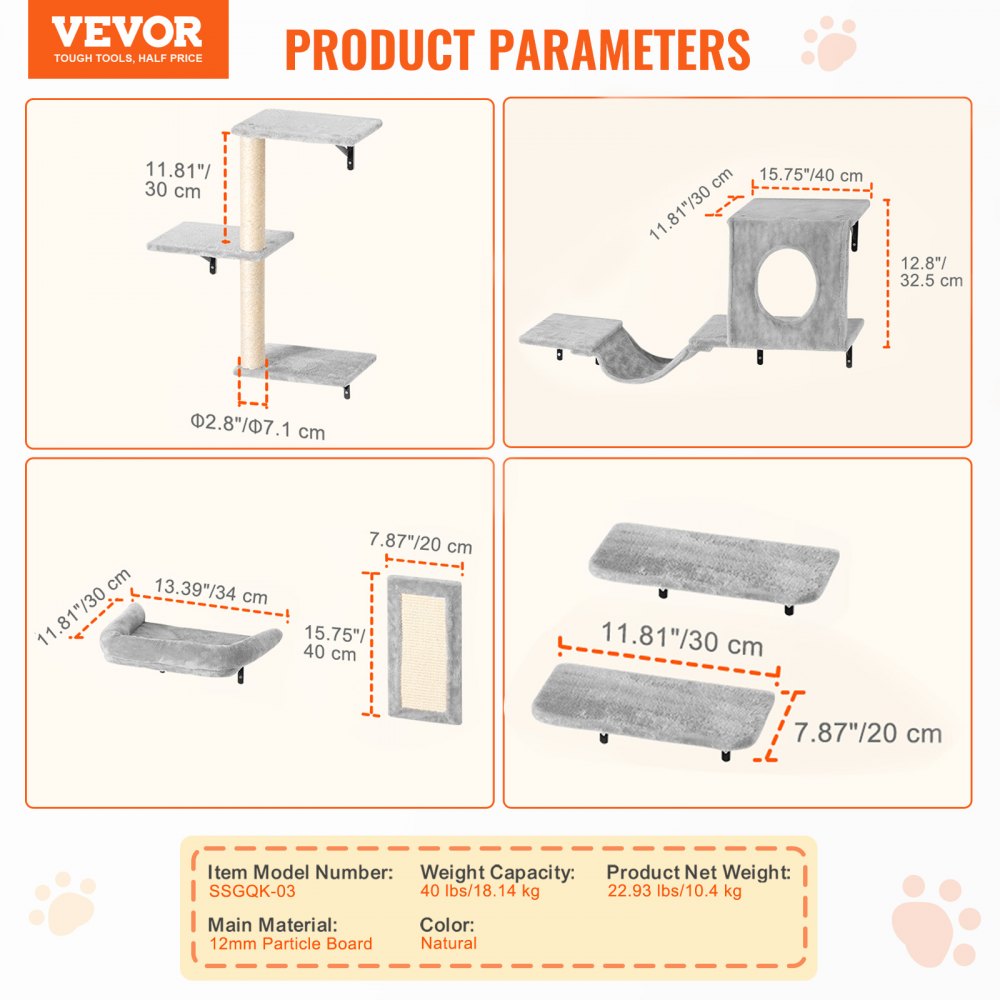 VEVOR Wall Mounted Cat Shelves Tree with Jump Boards Hammock Sofa Grip Set of 6 