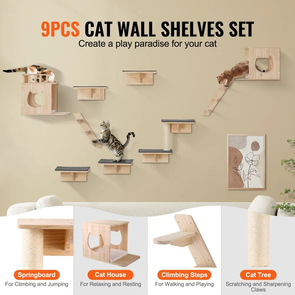 Wall Mounted Cat Shelves Set of 9 – Wooden Cat Wall Perches, Hammocks & Jumping Platforms – Space-Saving Cat Furniture (Natural Pine)