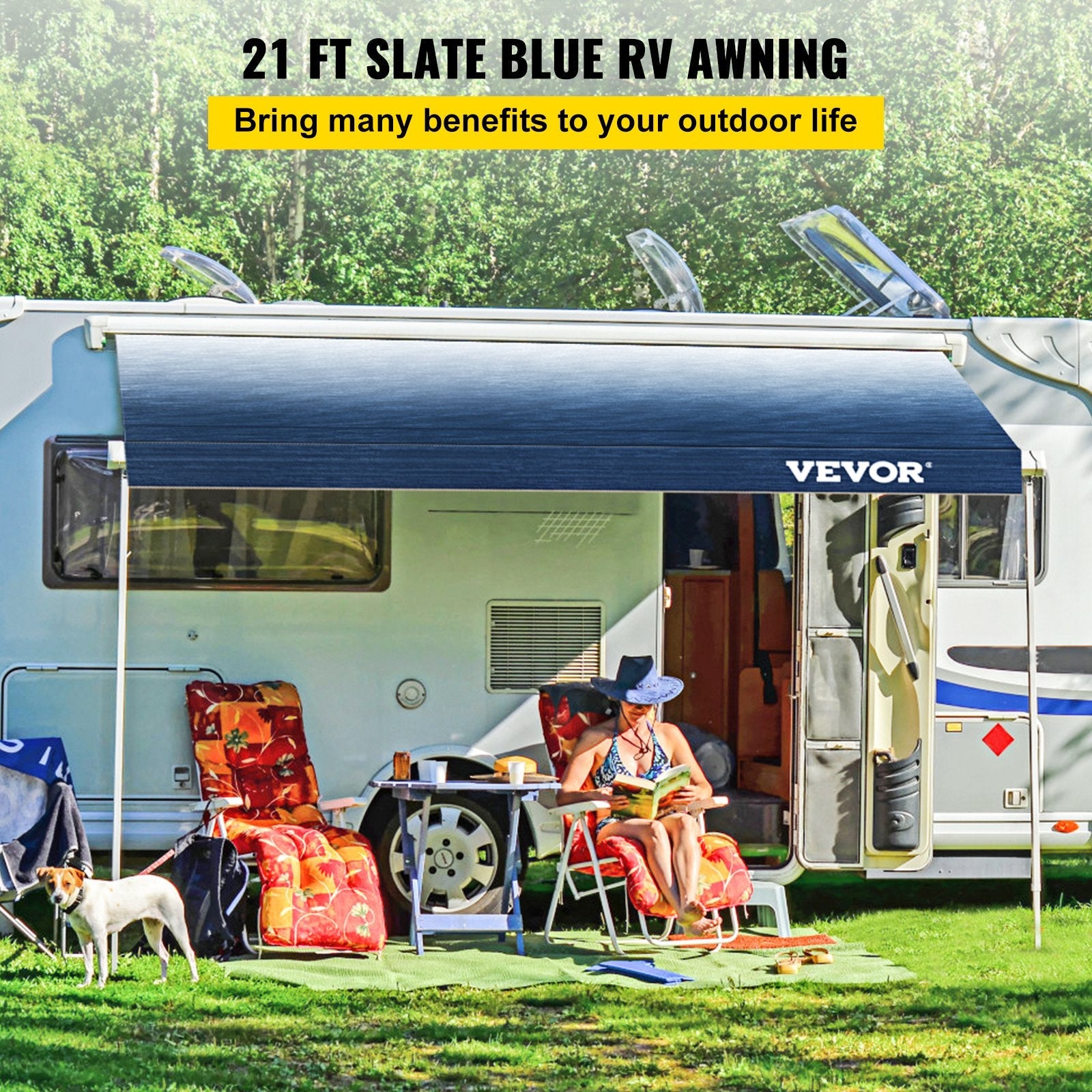VEVOR RV Awning Replacement Fabric 21 FT, Slate Blue RV Awning Fabric Replacement, 15oz Vinyl Material Replacement Awning, Sun Shade and Waterproof Camper Awning Replacement Fabric 