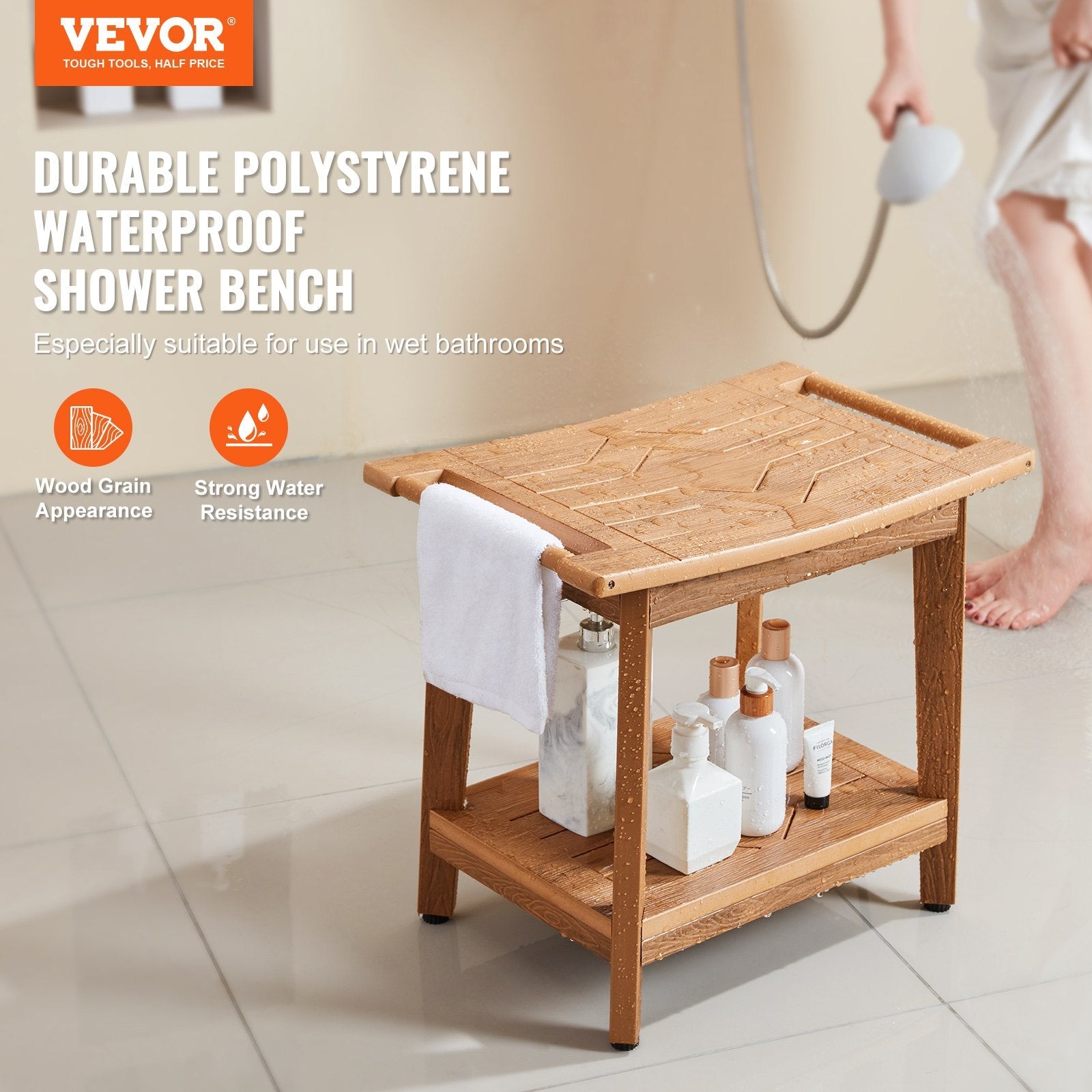 VEVOR Poly Lumber Shower Bench 21 x 14 x 18.5 in Shower Stool Chair for Bathroom 