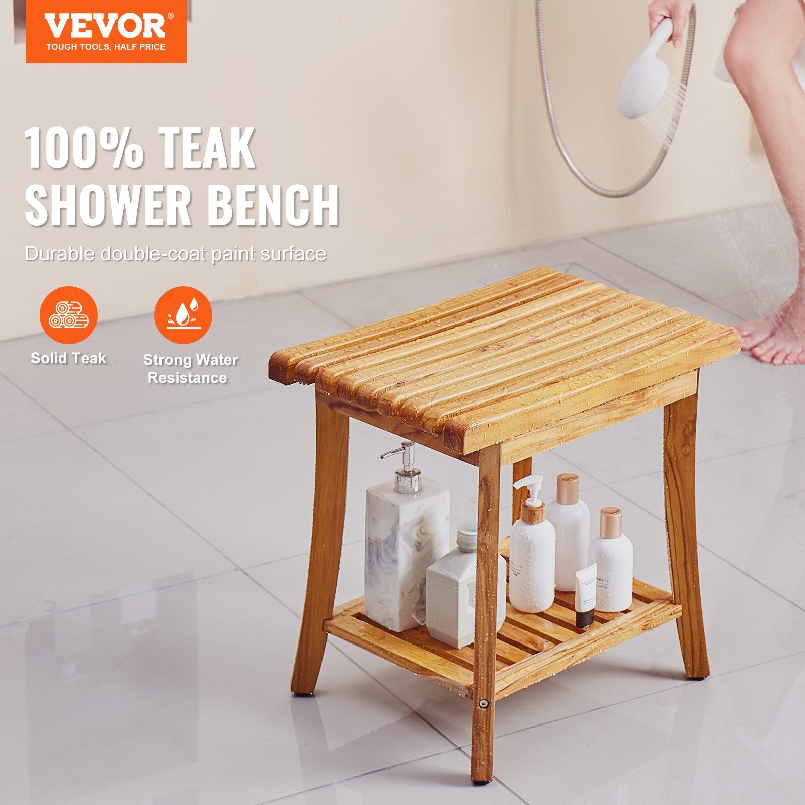 VEVOR Teak Shower Bench 20 x 14.3 x 17.9 in Wood Shower Stool Chair for Bathroom 