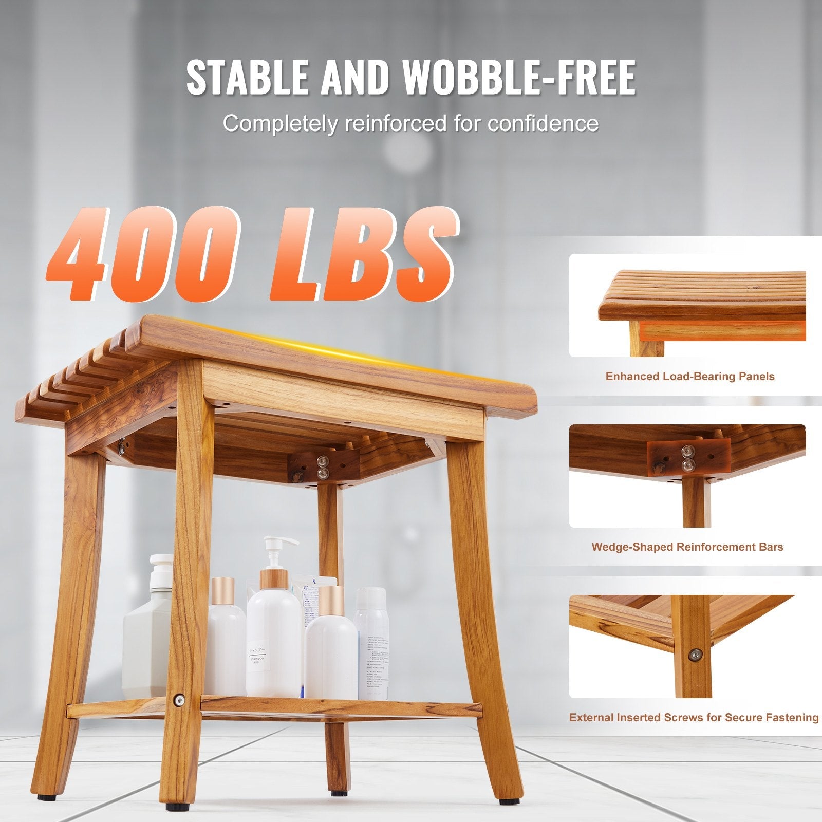 VEVOR Teak Shower Bench 20 x 14.3 x 17.9 in Wood Shower Stool Chair for Bathroom 