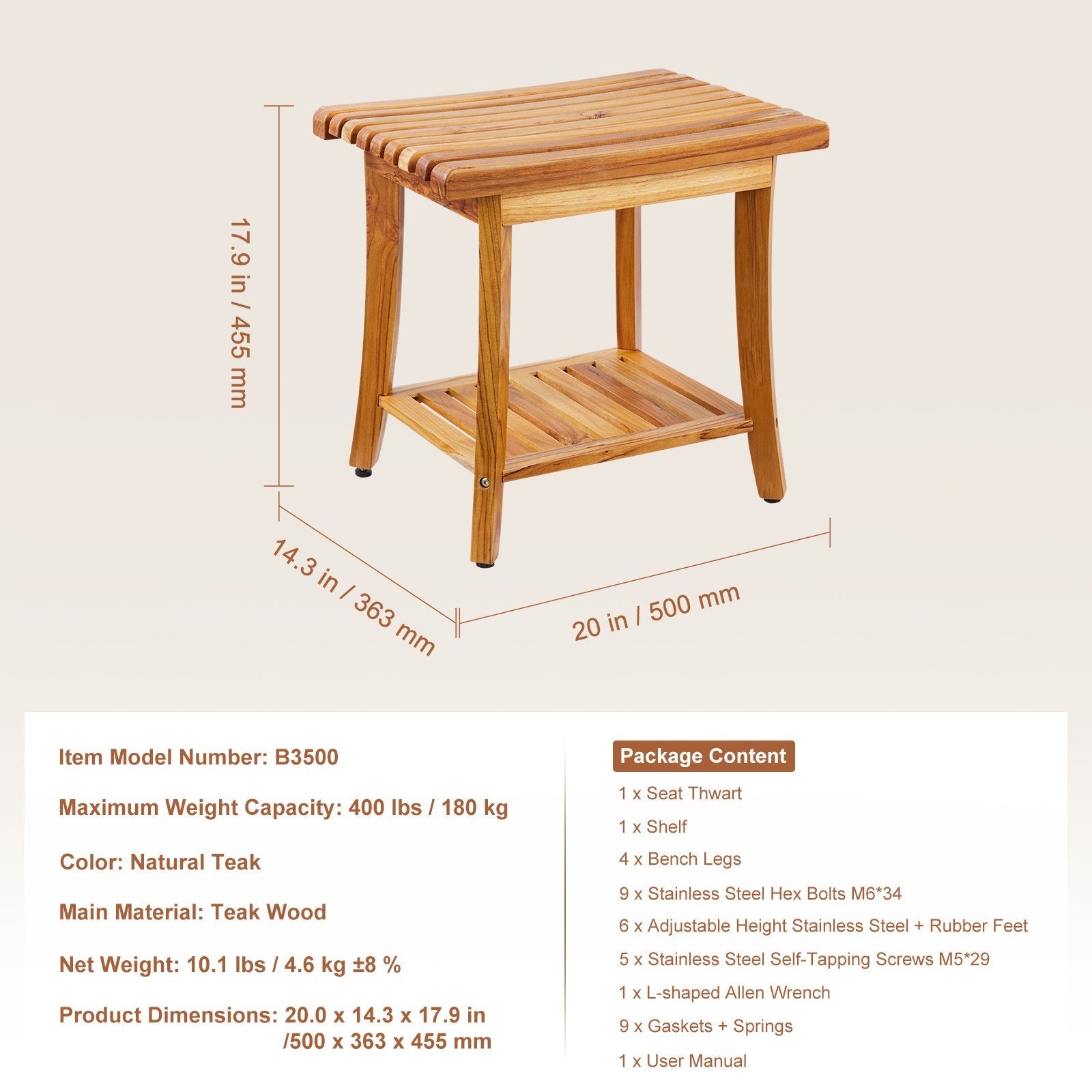 VEVOR Teak Shower Bench 20 x 14.3 x 17.9 in Wood Shower Stool Chair for Bathroom 