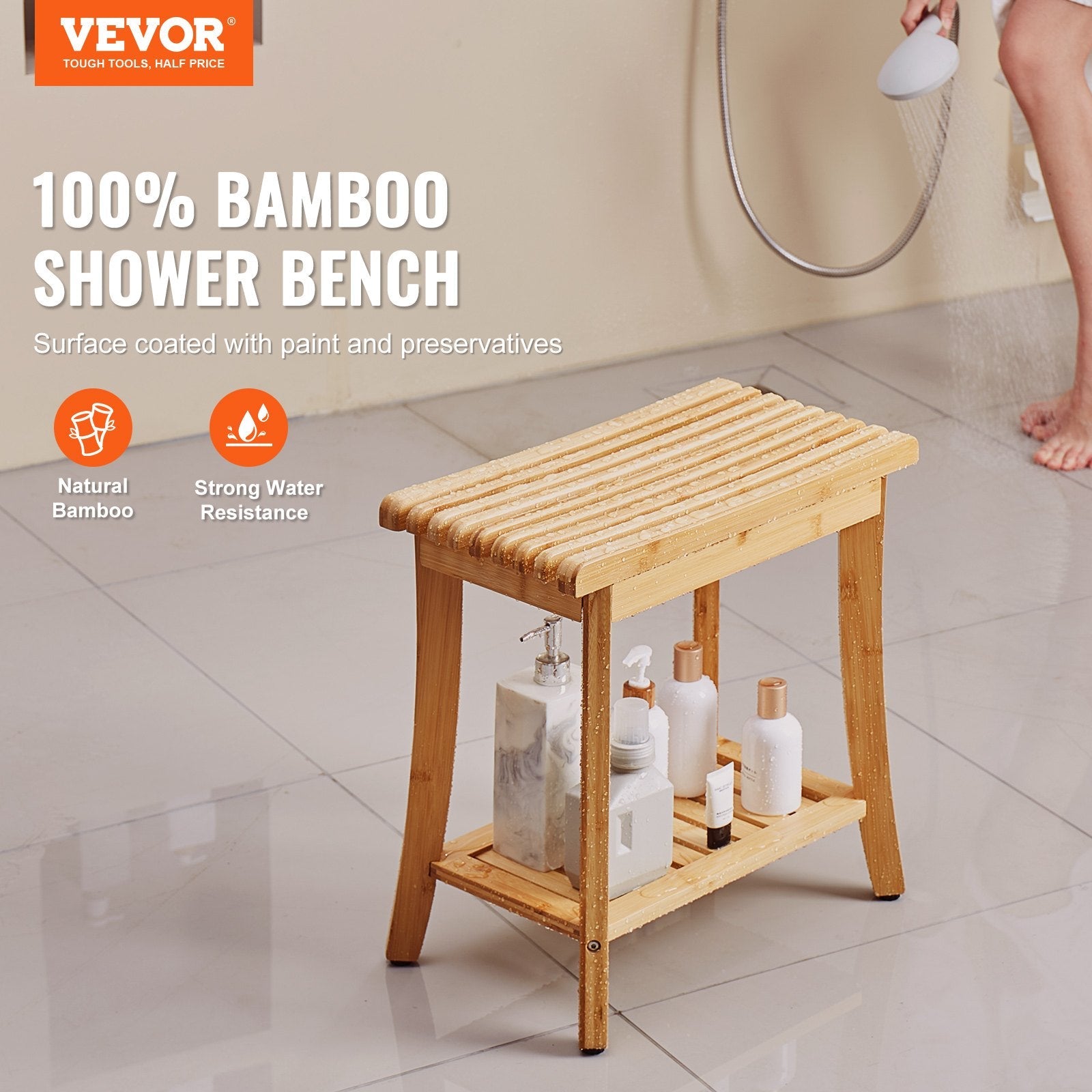 VEVOR Bamboo Shower Bench 19.1 x 11.3 x 18.3 in Shower Stool Chair for Bathroom 