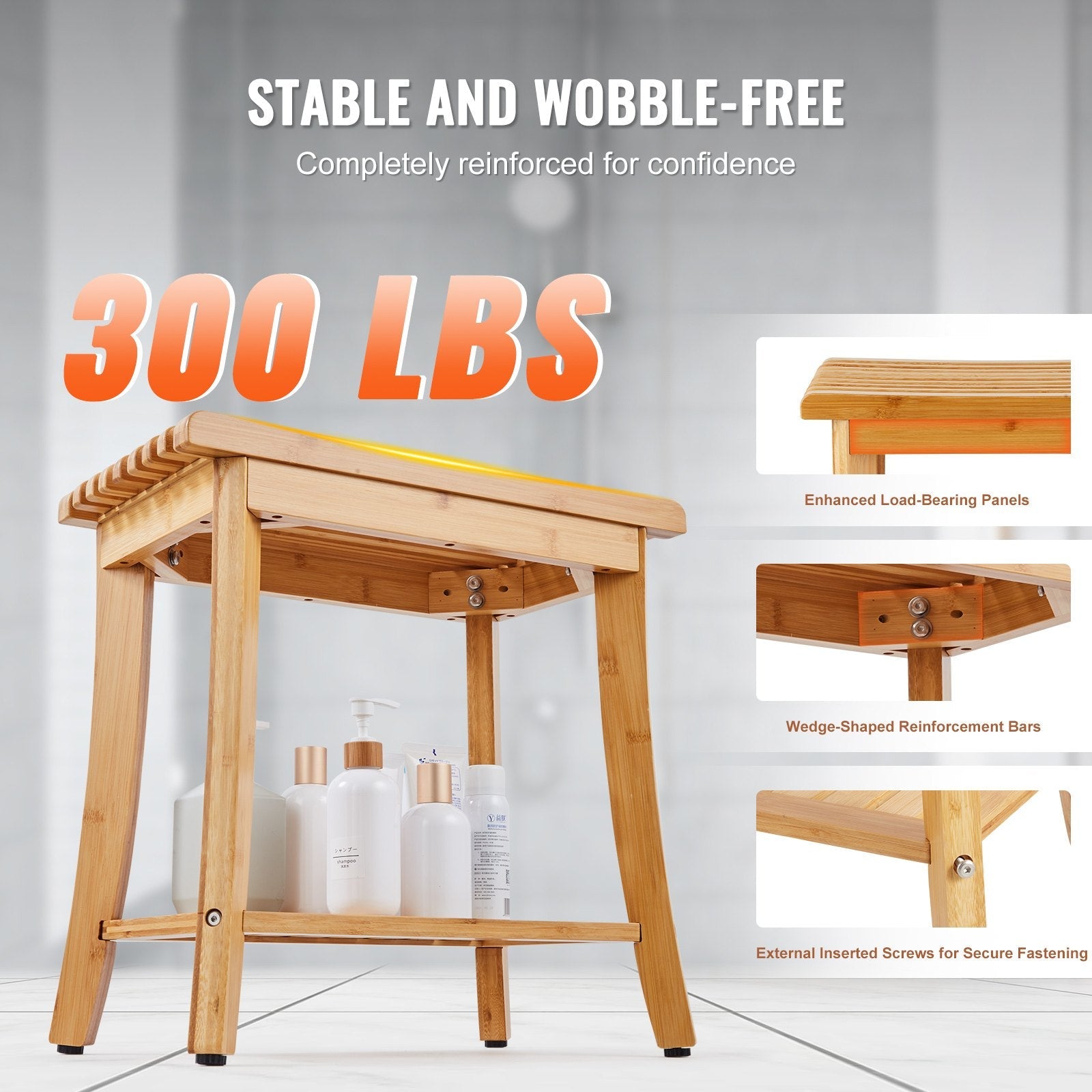 VEVOR Bamboo Shower Bench 19.1 x 11.3 x 18.3 in Shower Stool Chair for Bathroom 