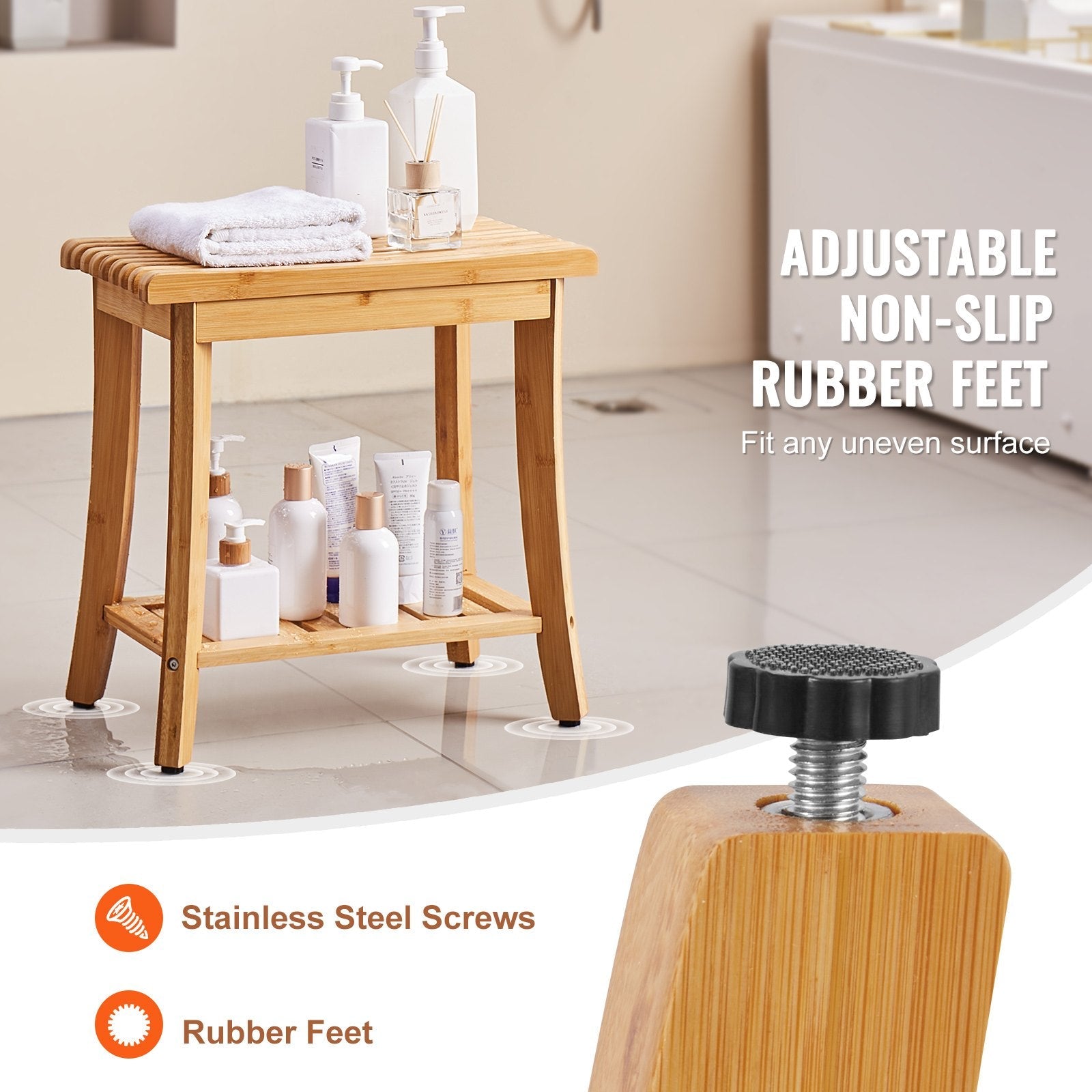 VEVOR Bamboo Shower Bench 19.1 x 11.3 x 18.3 in Shower Stool Chair for Bathroom 