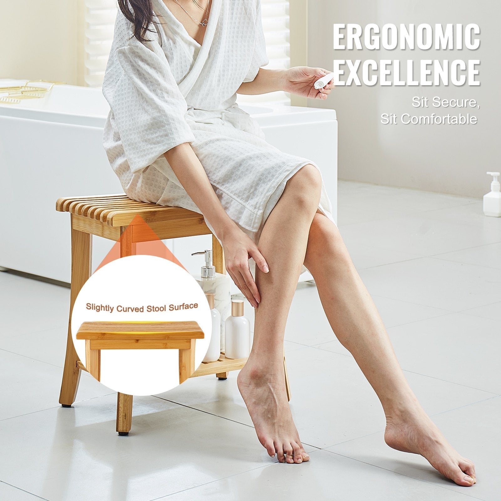 VEVOR Bamboo Shower Bench 19.1 x 11.3 x 18.3 in Shower Stool Chair for Bathroom 