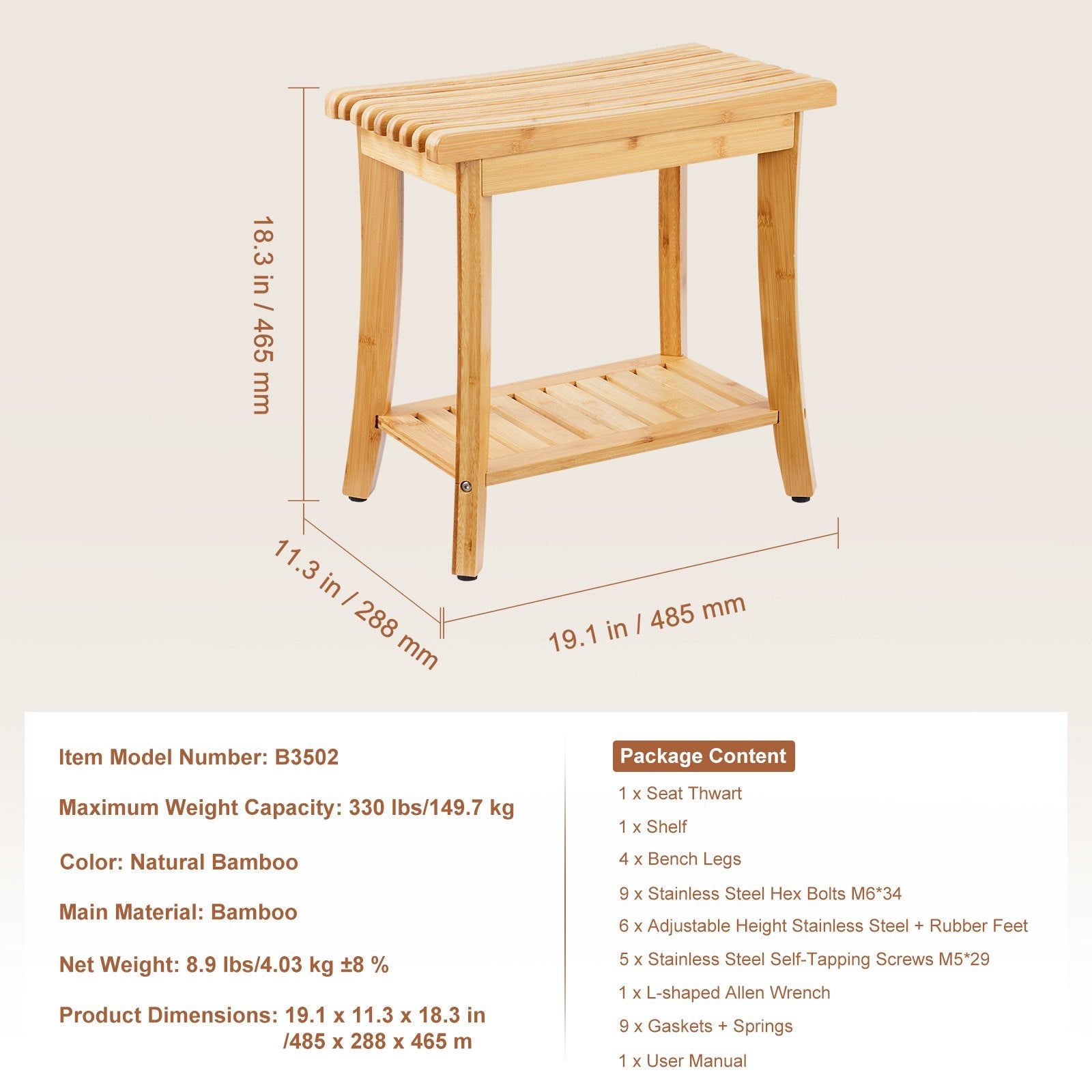 VEVOR Bamboo Shower Bench 19.1 x 11.3 x 18.3 in Shower Stool Chair for Bathroom 