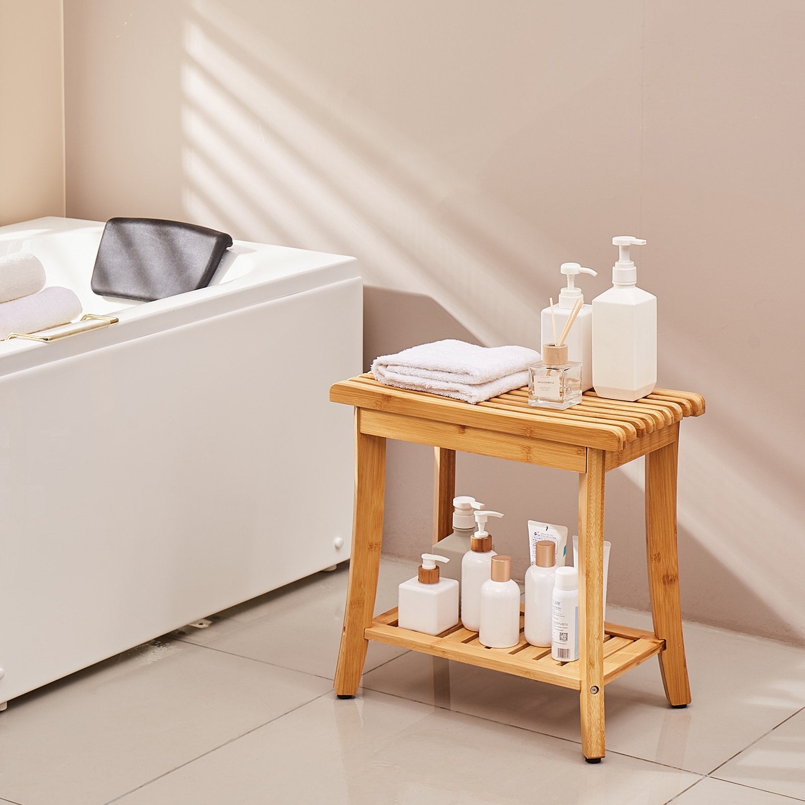 VEVOR Bamboo Shower Bench 19.1 x 11.3 x 18.3 in Shower Stool Chair for Bathroom 