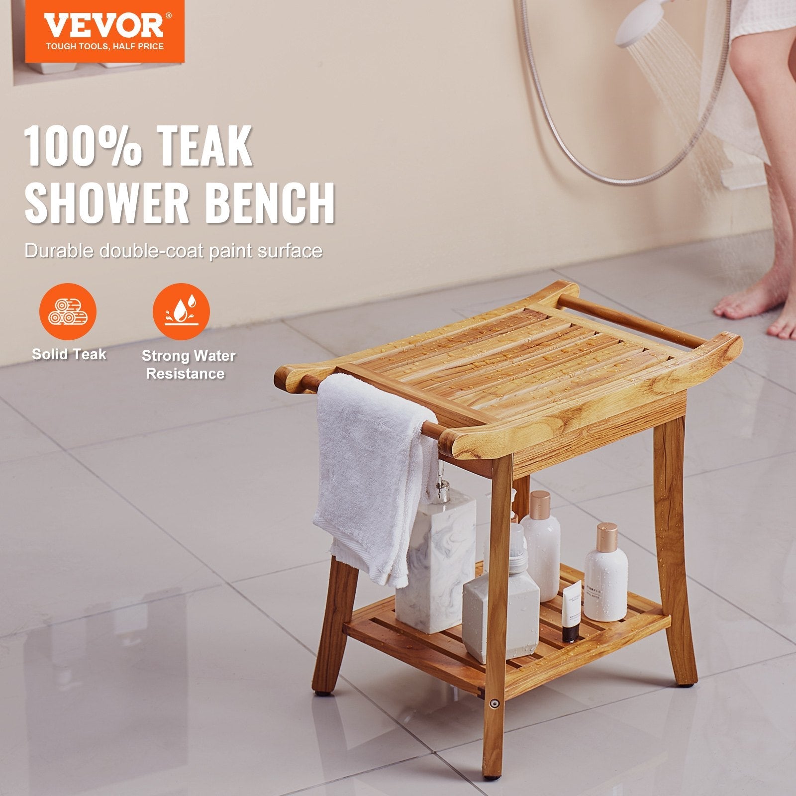 VEVOR Teak Shower Bench 22 x 14.4 x 18.5 in Wood Shower Stool Chair for Bathroom 