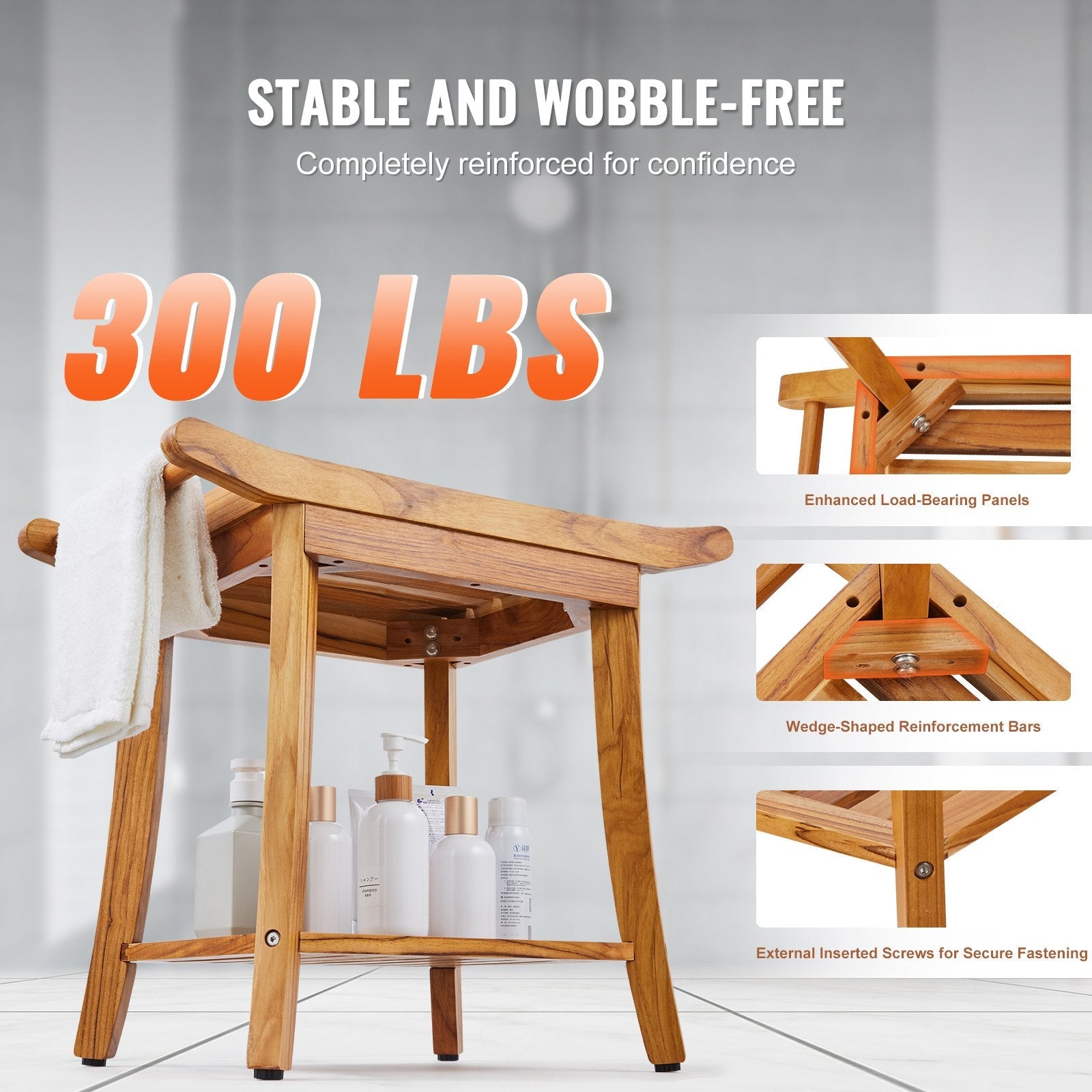 VEVOR Teak Shower Bench 22 x 14.4 x 18.5 in Wood Shower Stool Chair for Bathroom 