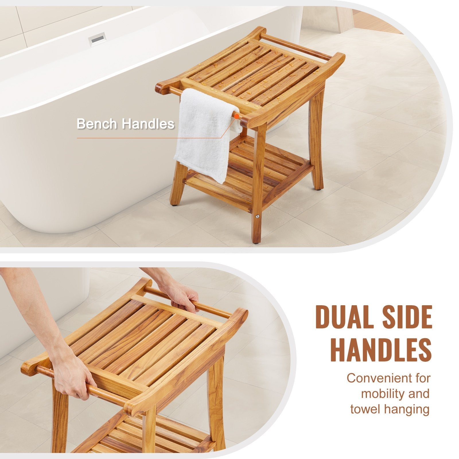 VEVOR Teak Shower Bench 22 x 14.4 x 18.5 in Wood Shower Stool Chair for Bathroom 