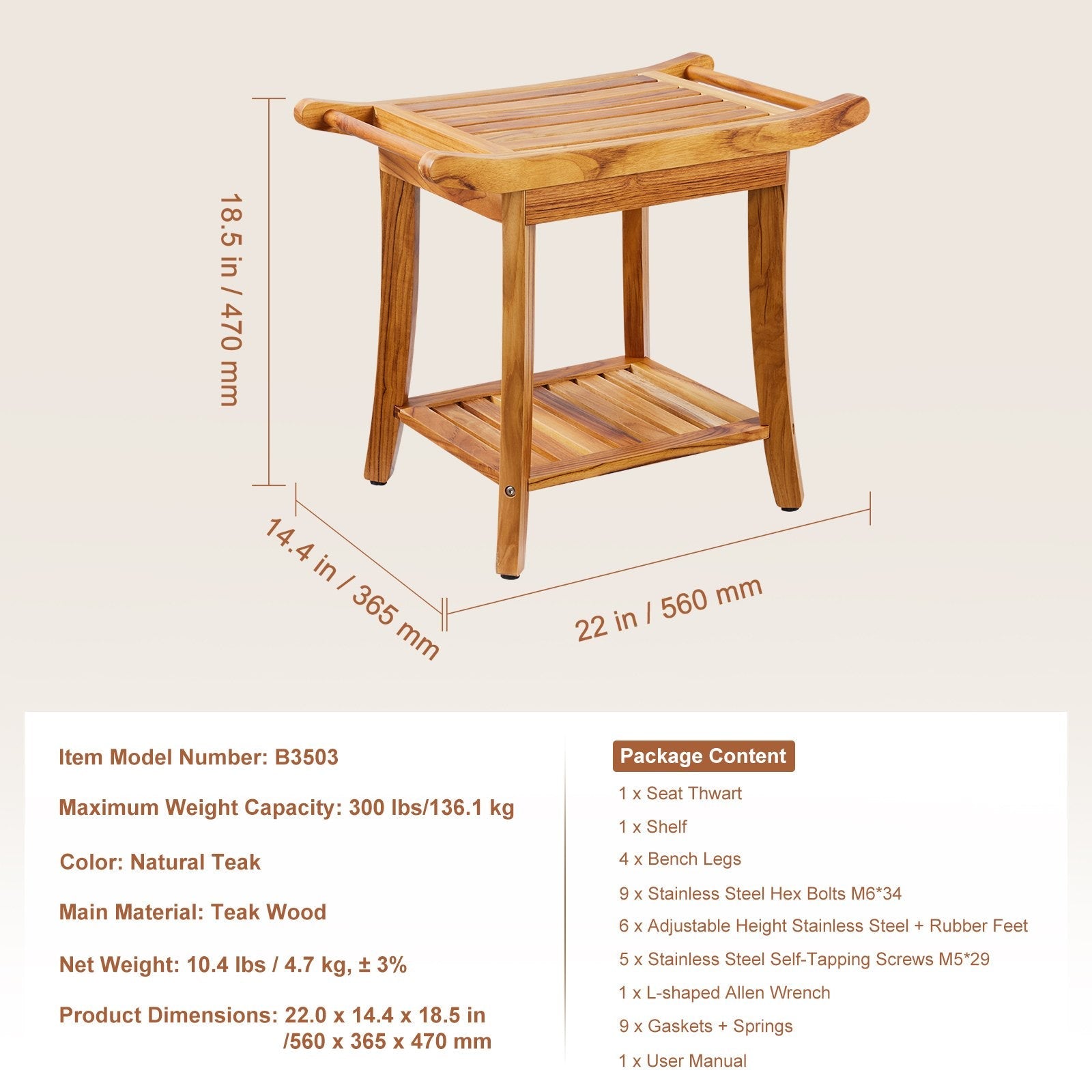 VEVOR Teak Shower Bench 22 x 14.4 x 18.5 in Wood Shower Stool Chair for Bathroom 
