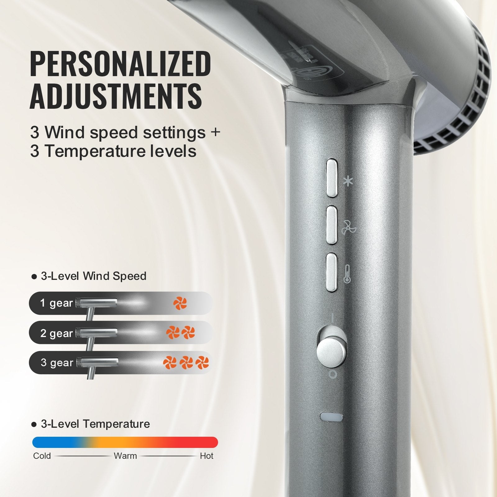 VEVOR Professional Hair Dryer, 3.0 Million Negative Ions Blow Dryer, 98,000RPM High-Speed Brushless Motor, 3 Temp & 3 Speeds, Lightweight Salon Hair Blow Dryers with Nozzles & Diffuser for Home Travel 