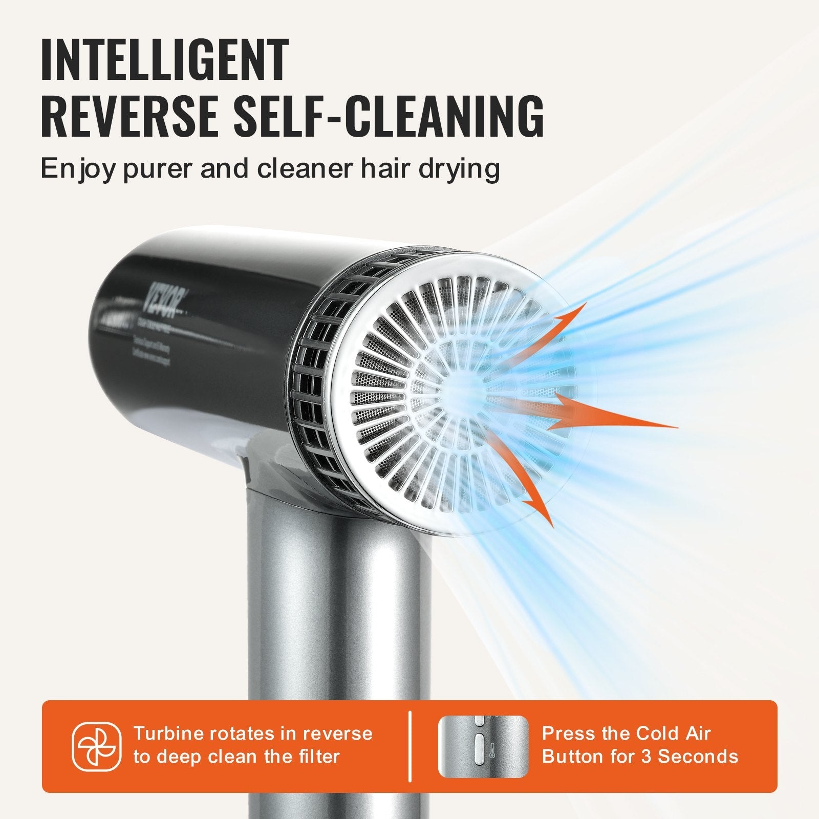 VEVOR Professional Hair Dryer, 3.0 Million Negative Ions Blow Dryer, 98,000RPM High-Speed Brushless Motor, 3 Temp & 3 Speeds, Lightweight Salon Hair Blow Dryers with Nozzles & Diffuser for Home Travel 
