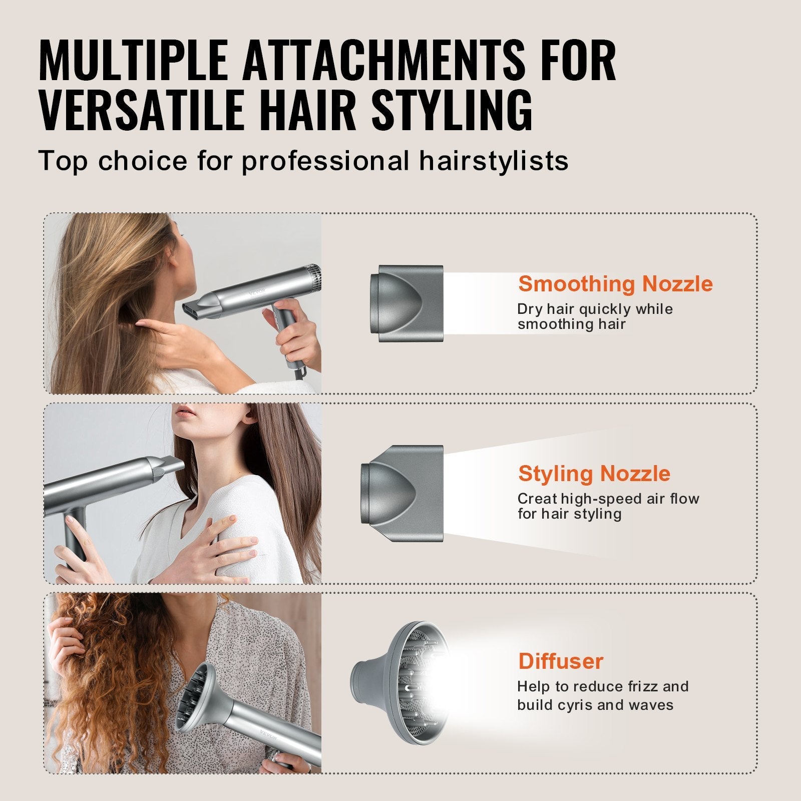 VEVOR Professional Hair Dryer, 3.0 Million Negative Ions Blow Dryer, 98,000RPM High-Speed Brushless Motor, 3 Temp & 3 Speeds, Lightweight Salon Hair Blow Dryers with Nozzles & Diffuser for Home Travel 