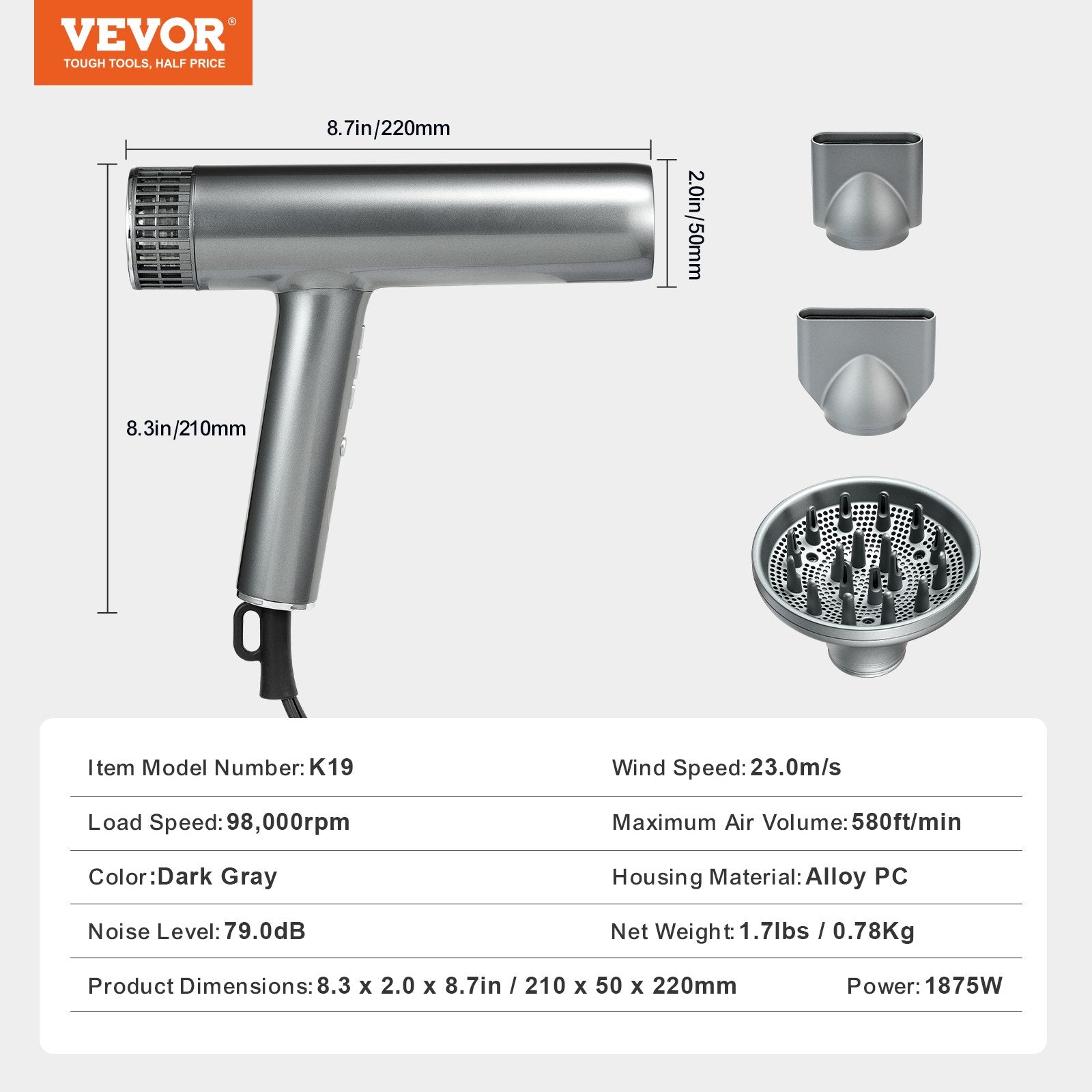 VEVOR Professional Hair Dryer, 3.0 Million Negative Ions Blow Dryer, 98,000RPM High-Speed Brushless Motor, 3 Temp & 3 Speeds, Lightweight Salon Hair Blow Dryers with Nozzles & Diffuser for Home Travel 