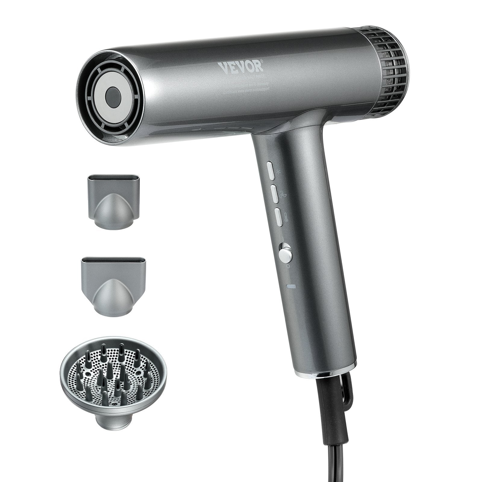 VEVOR Professional Hair Dryer, 3.0 Million Negative Ions Blow Dryer, 98,000RPM High-Speed Brushless Motor, 3 Temp & 3 Speeds, Lightweight Salon Hair Blow Dryers with Nozzles & Diffuser for Home Travel 