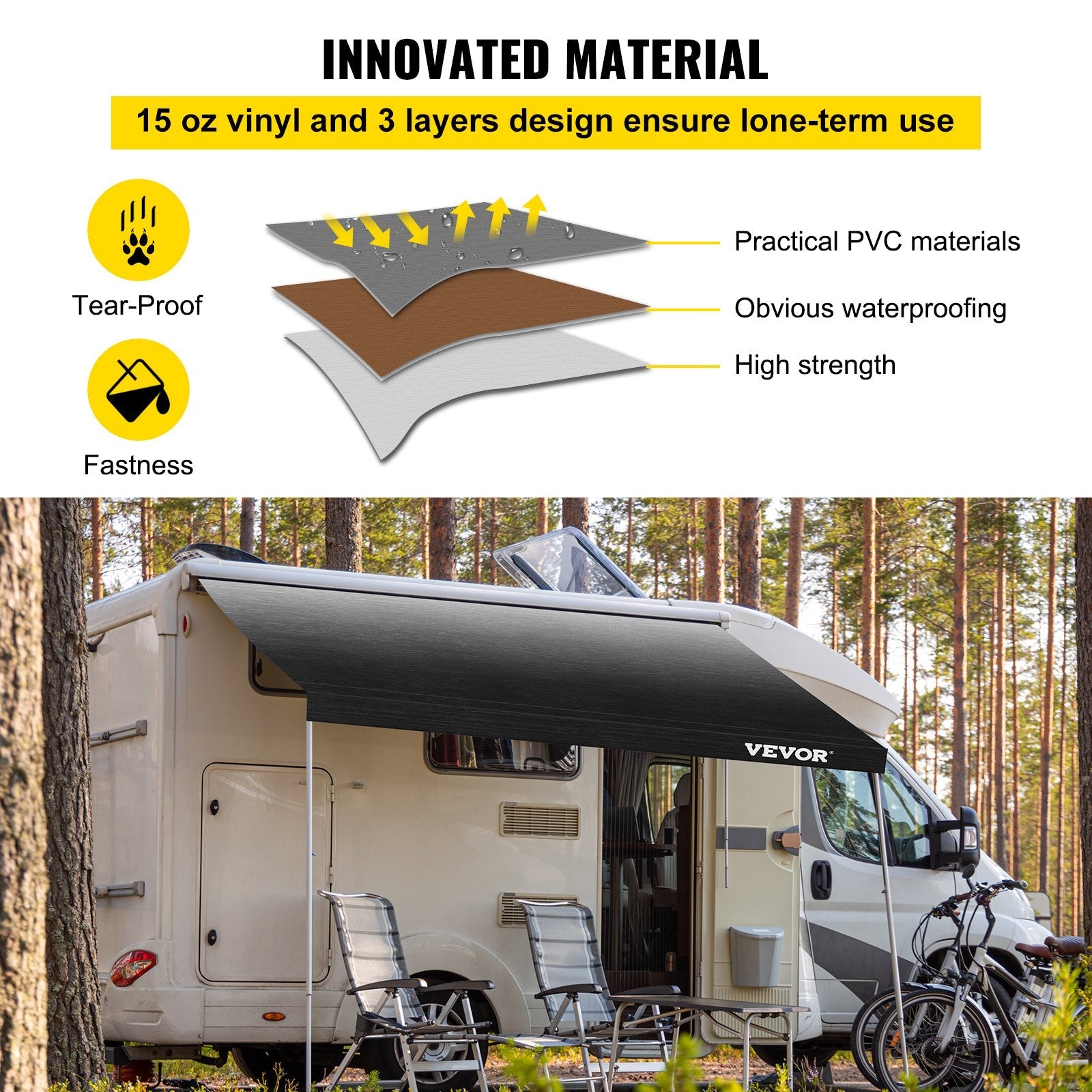 VEVOR RV Awning, Awning Replacement Fabric 19 FT (Fabric 18'2"), Charcoal Fade RV Awning Replacement, 15oz Vinyl Material Replacement Awning, Sun Shade And Waterproof Camper Awning Replacement Fabric 