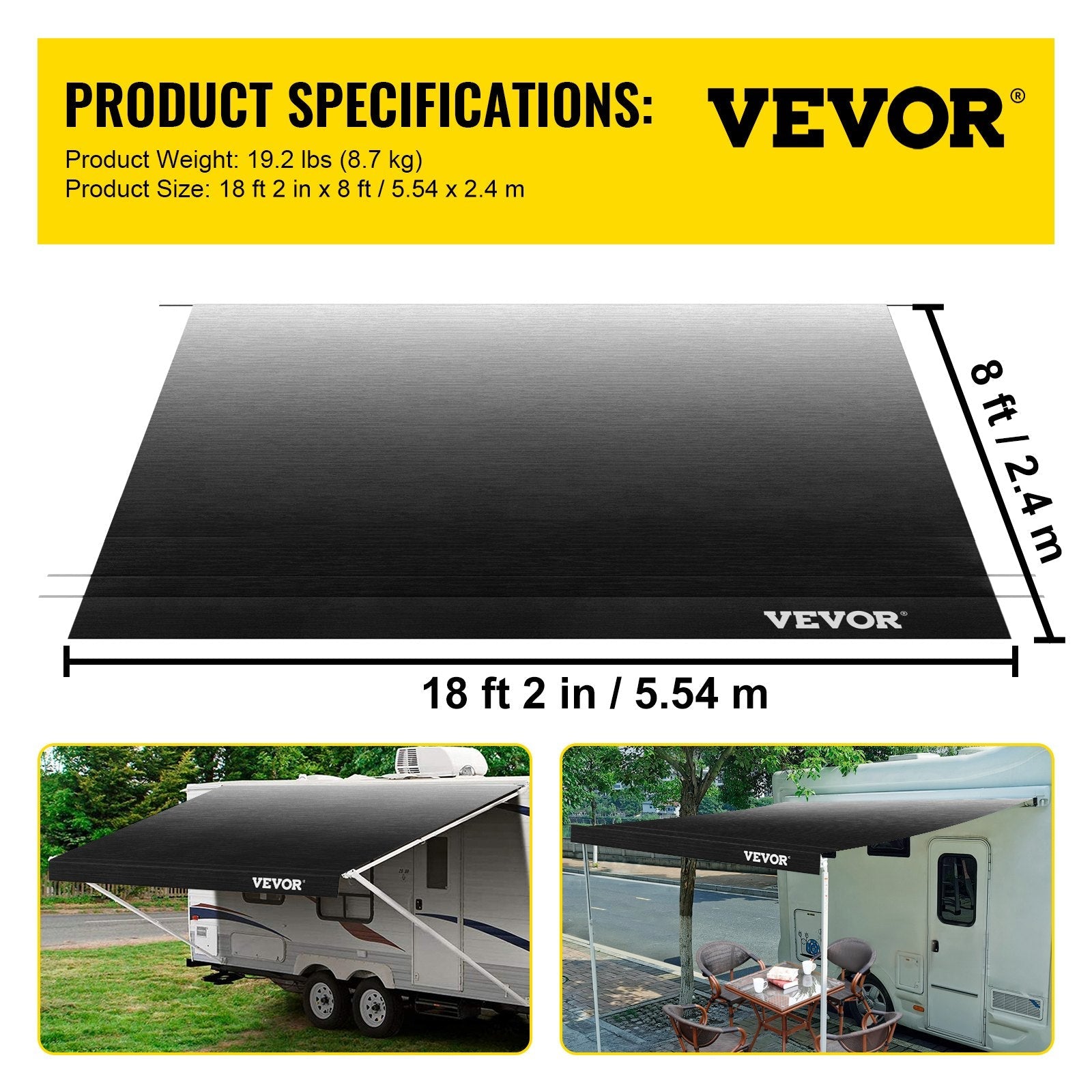 VEVOR RV Awning, Awning Replacement Fabric 19 FT (Fabric 18'2"), Charcoal Fade RV Awning Replacement, 15oz Vinyl Material Replacement Awning, Sun Shade And Waterproof Camper Awning Replacement Fabric 