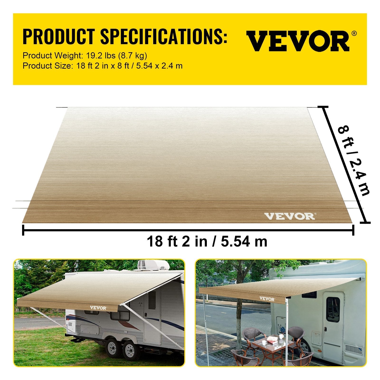 VEVOR RV Awning, Awning Replacement Fabric 19 FT, Brown Fade RV Awning Replacement, 15oz Vinyl Material Replacement Awning, Sun Shade and Waterproof Camper Awning Replacement Fabric 