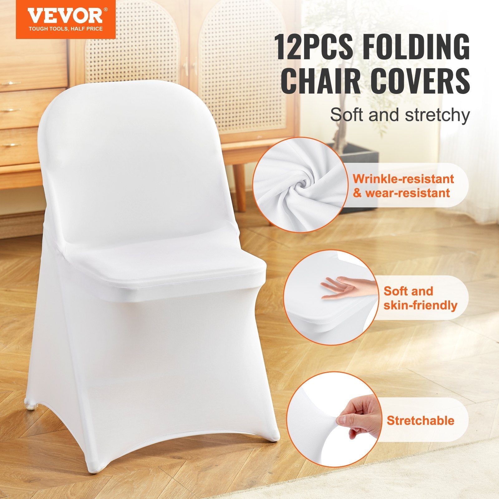 VEVOR White Stretch Spandex Chair Covers - 12 PCS, Folding Kitchen Chairs Cover, Universal Washable Slipcovers Protector, Removable Chair Seat Covers, for Wedding Party Dining Room Banquet Event 