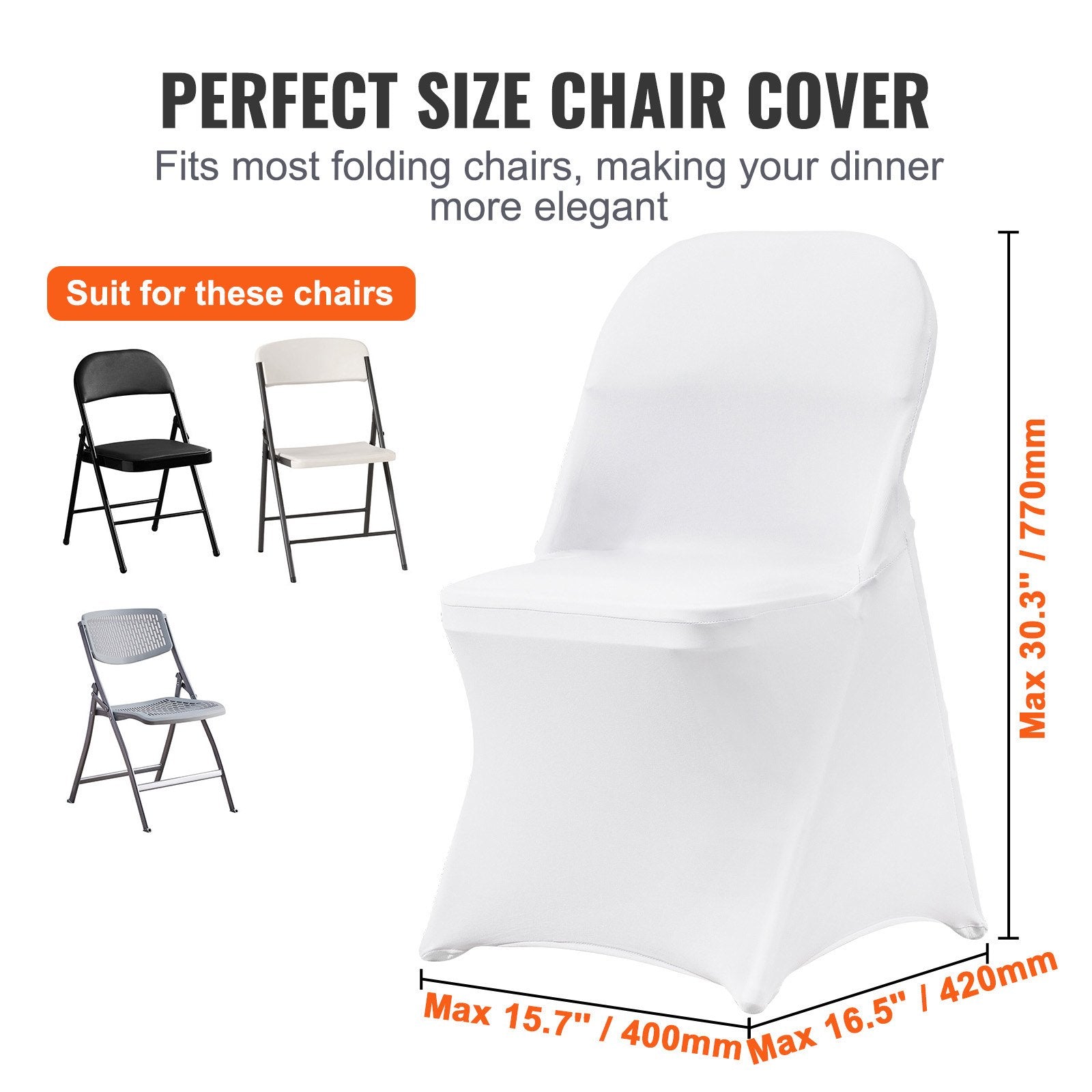 VEVOR White Stretch Spandex Chair Covers - 12 PCS, Folding Kitchen Chairs Cover, Universal Washable Slipcovers Protector, Removable Chair Seat Covers, for Wedding Party Dining Room Banquet Event 