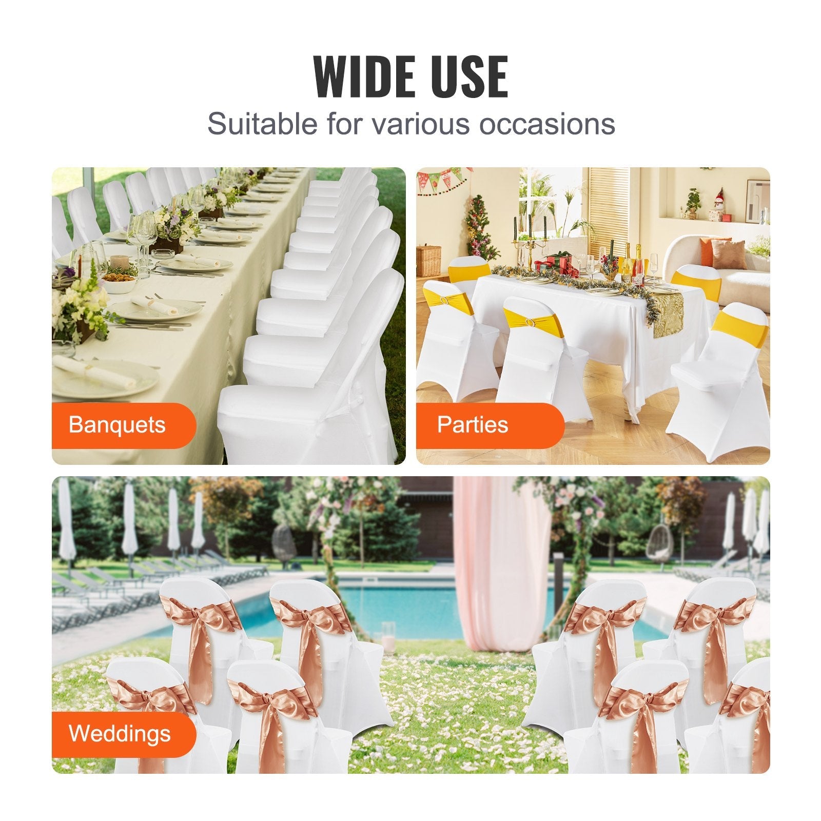 VEVOR White Stretch Spandex Chair Covers - 12 PCS, Folding Kitchen Chairs Cover, Universal Washable Slipcovers Protector, Removable Chair Seat Covers, for Wedding Party Dining Room Banquet Event 