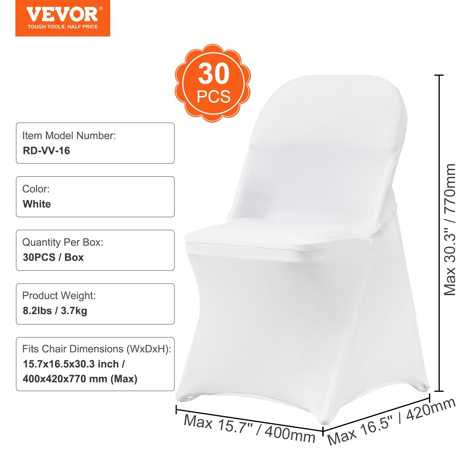 VEVOR White Stretch Spandex Chair Covers - 30 PCS, Folding Kitchen Chairs Cover, Universal Washable Slipcovers Protector, Removable Chair Seat Covers, for Wedding Party Dining Room Banquet Event 