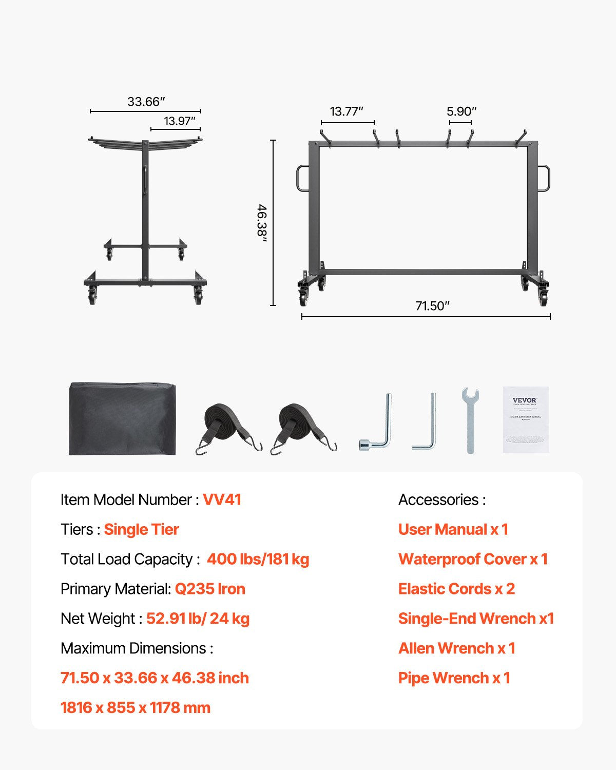 VEVOR Folding Chair Rack Cart for 42 Chairs or 12 Tables of 400 LBS with Wheels 
