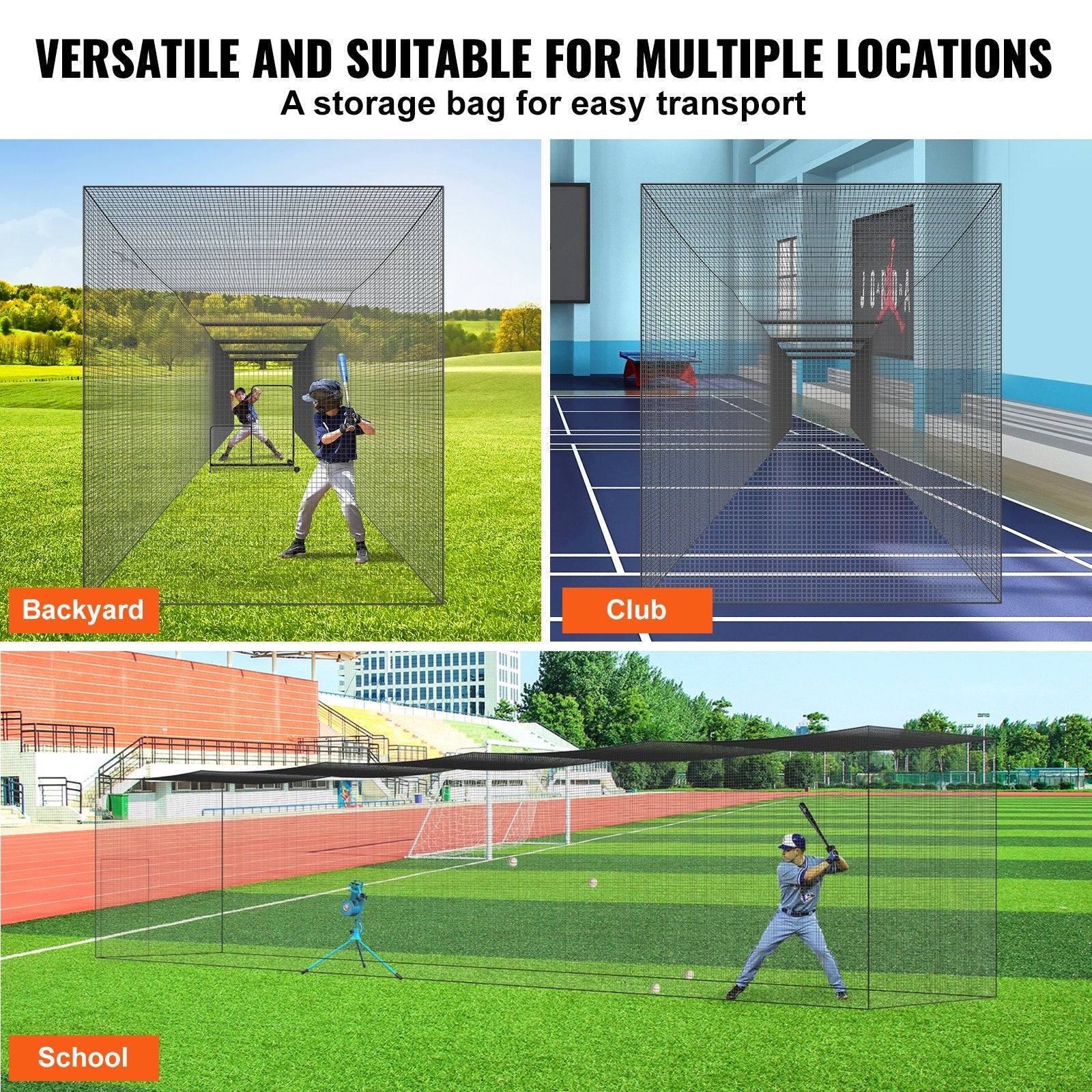 VEVOR Baseball Batting Netting, Professional Softball Baseball Batting Hitting Training Net, Practice Portable Pitching Cage Net with Door & Carry Bag, Heavy Duty Enclosed PE Netting, 70FT (NET ONLY) 