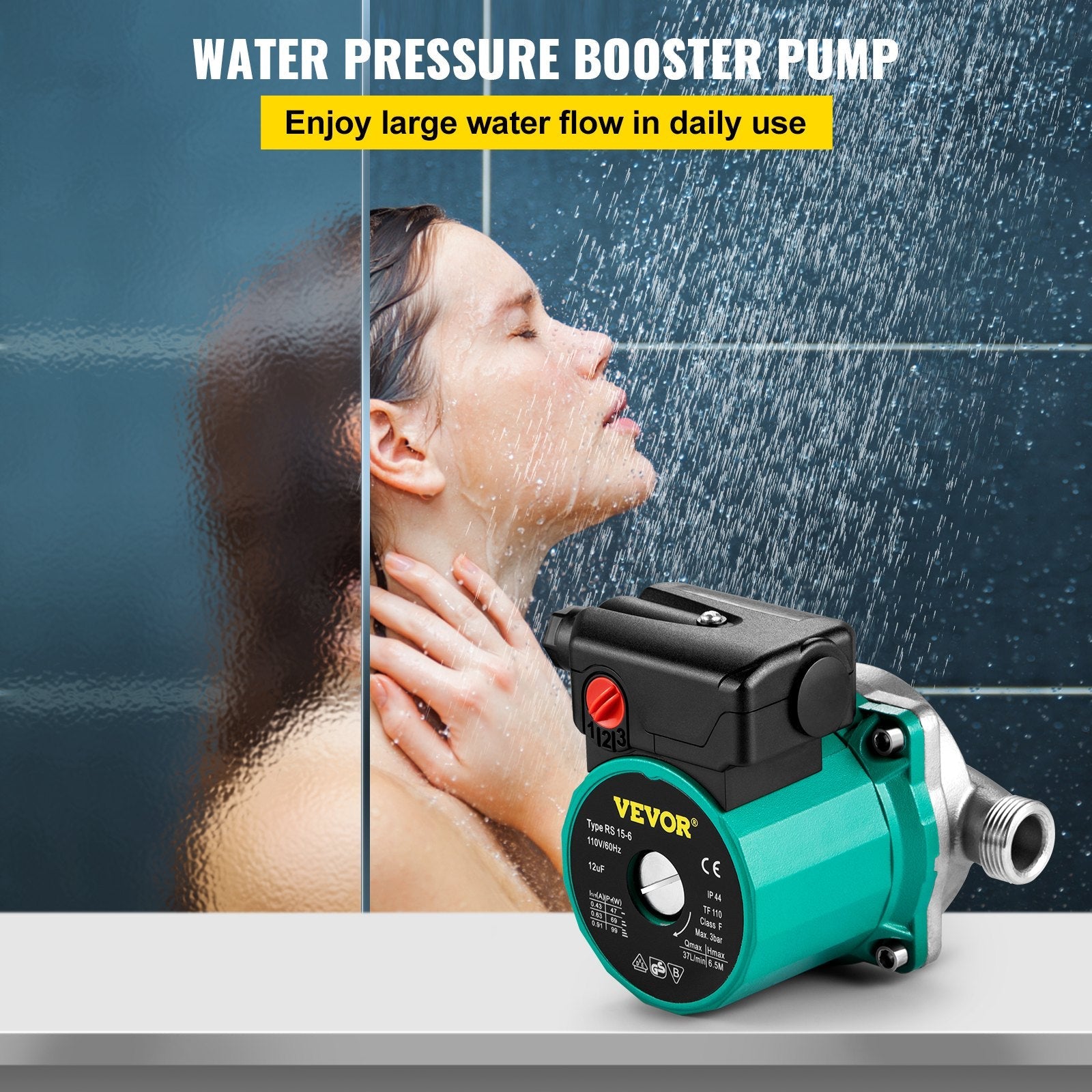 VEVOR Recirculating Pump, 93W 110V Water Circulator Pump, Automatic Start Circulating Pump NPT 3/4" w/Brass Fittings, Stainless Steel Pump Head, Three Speed Control for Electric Water Heater System 