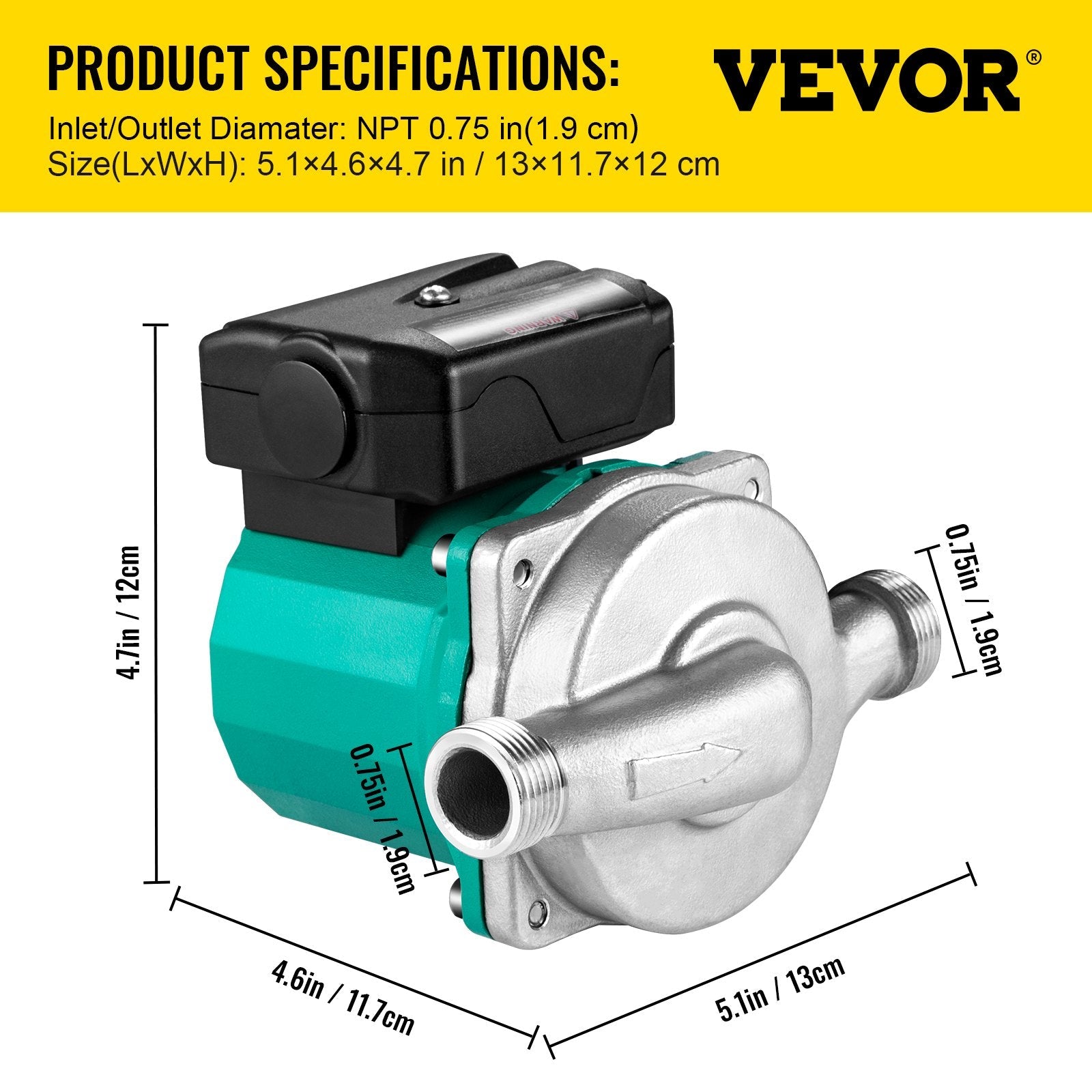 VEVOR Recirculating Pump, 93W 110V Water Circulator Pump, Automatic Start Circulating Pump NPT 3/4" w/Brass Fittings, Stainless Steel Pump Head, Three Speed Control for Electric Water Heater System 