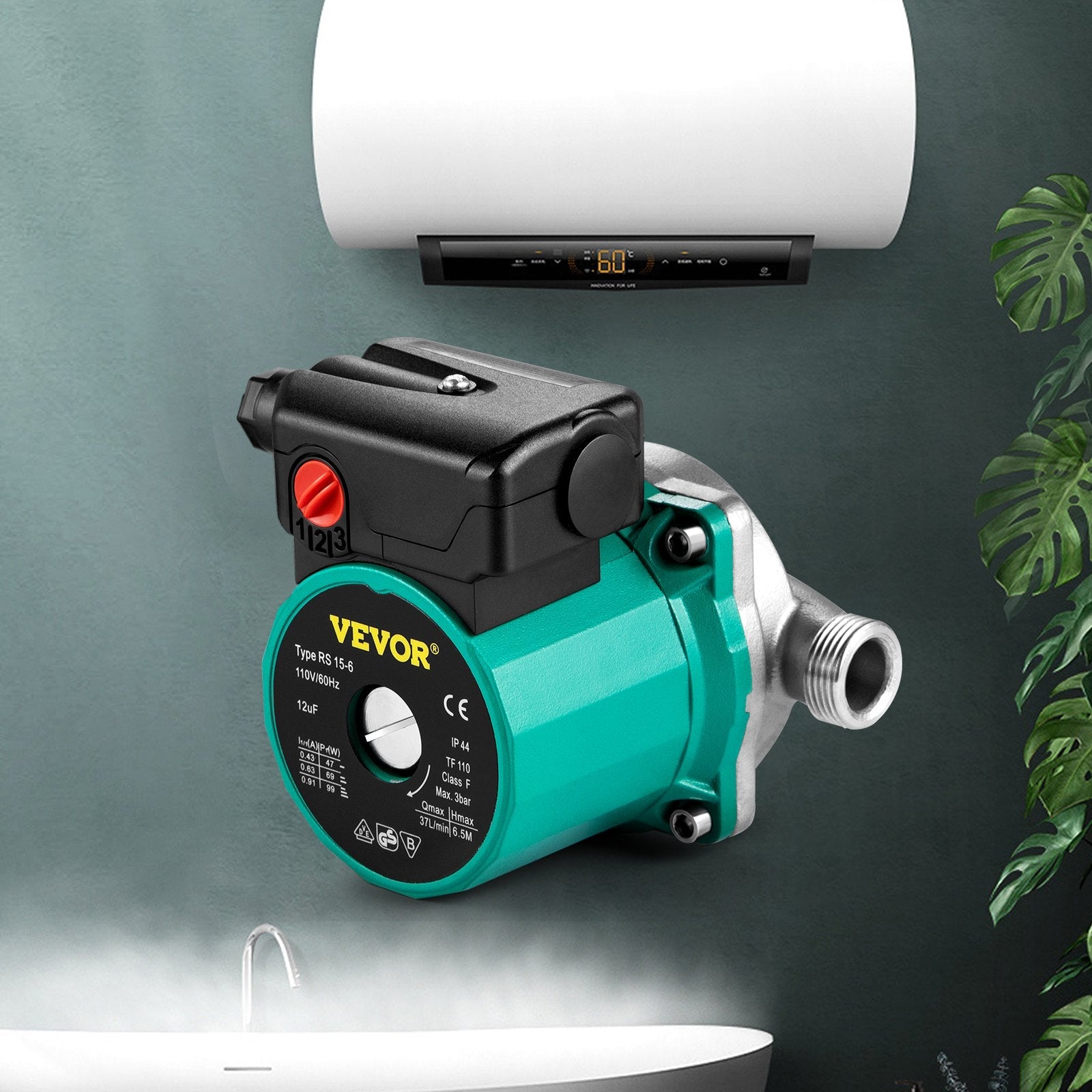 VEVOR Recirculating Pump, 93W 110V Water Circulator Pump, Automatic Start Circulating Pump NPT 3/4" w/Brass Fittings, Stainless Steel Pump Head, Three Speed Control for Electric Water Heater System 