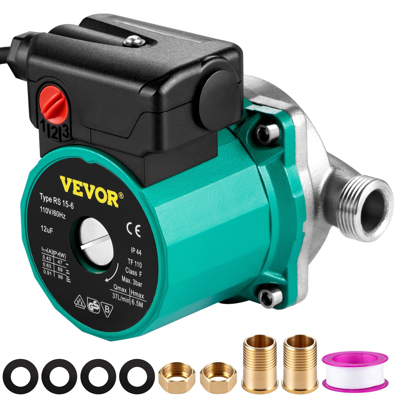 VEVOR Recirculating Pump, 93W 110V Water Circulator Pump, Automatic Start Circulating Pump NPT 3/4" w/Brass Fittings, Stainless Steel Pump Head, Three Speed Control for Electric Water Heater System 