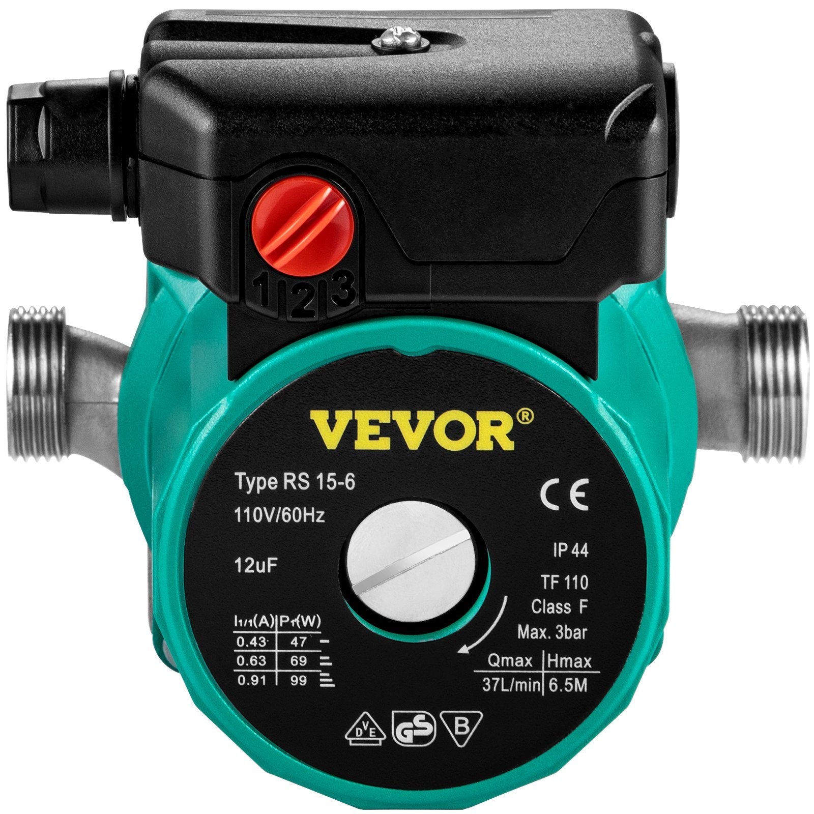 VEVOR Recirculating Pump, 93W 110V Water Circulator Pump, Automatic Start Circulating Pump NPT 3/4" w/Brass Fittings, Stainless Steel Pump Head, Three Speed Control for Electric Water Heater System 