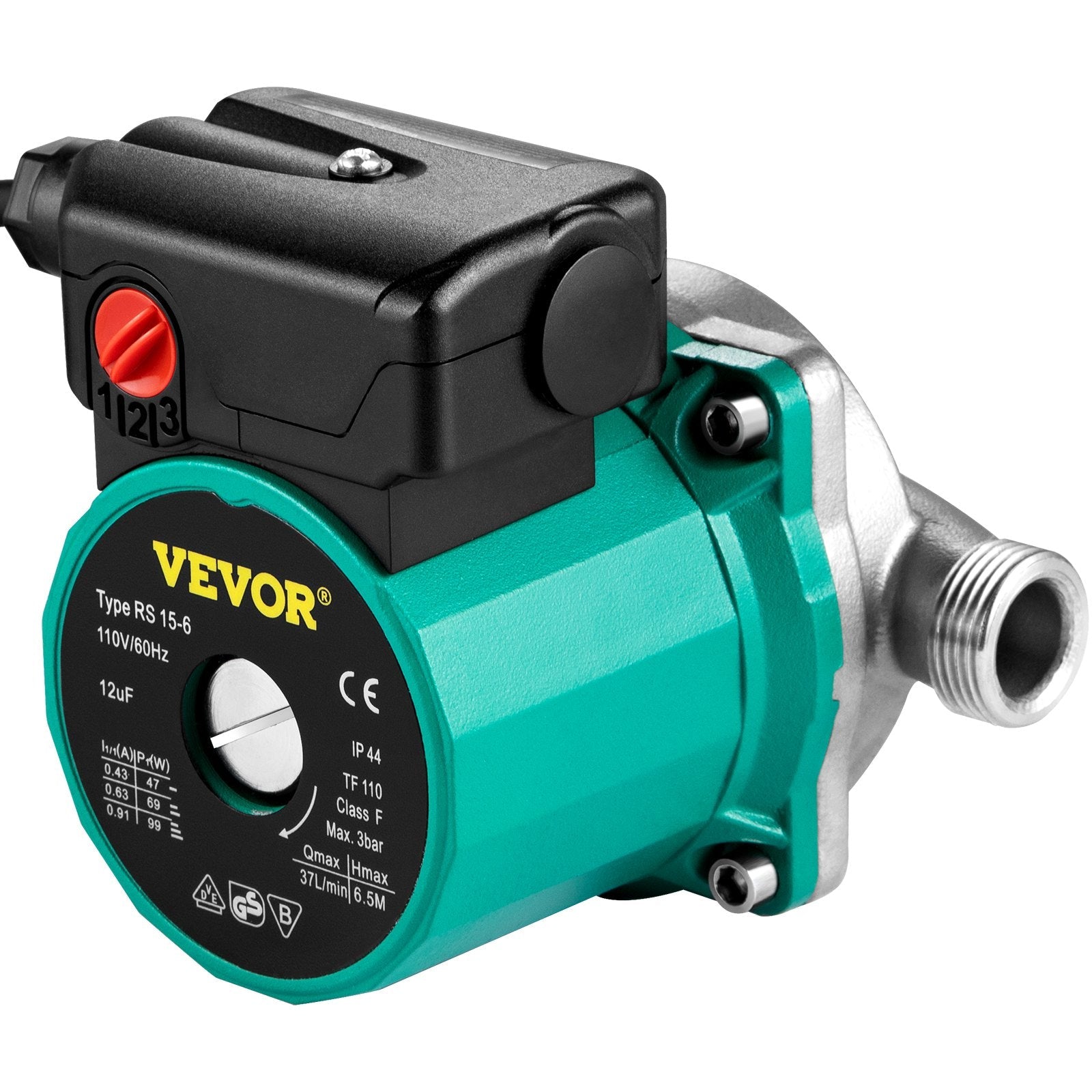 VEVOR Recirculating Pump, 93W 110V Water Circulator Pump, Automatic Start Circulating Pump NPT 3/4" w/Brass Fittings, Stainless Steel Pump Head, Three Speed Control for Electric Water Heater System 