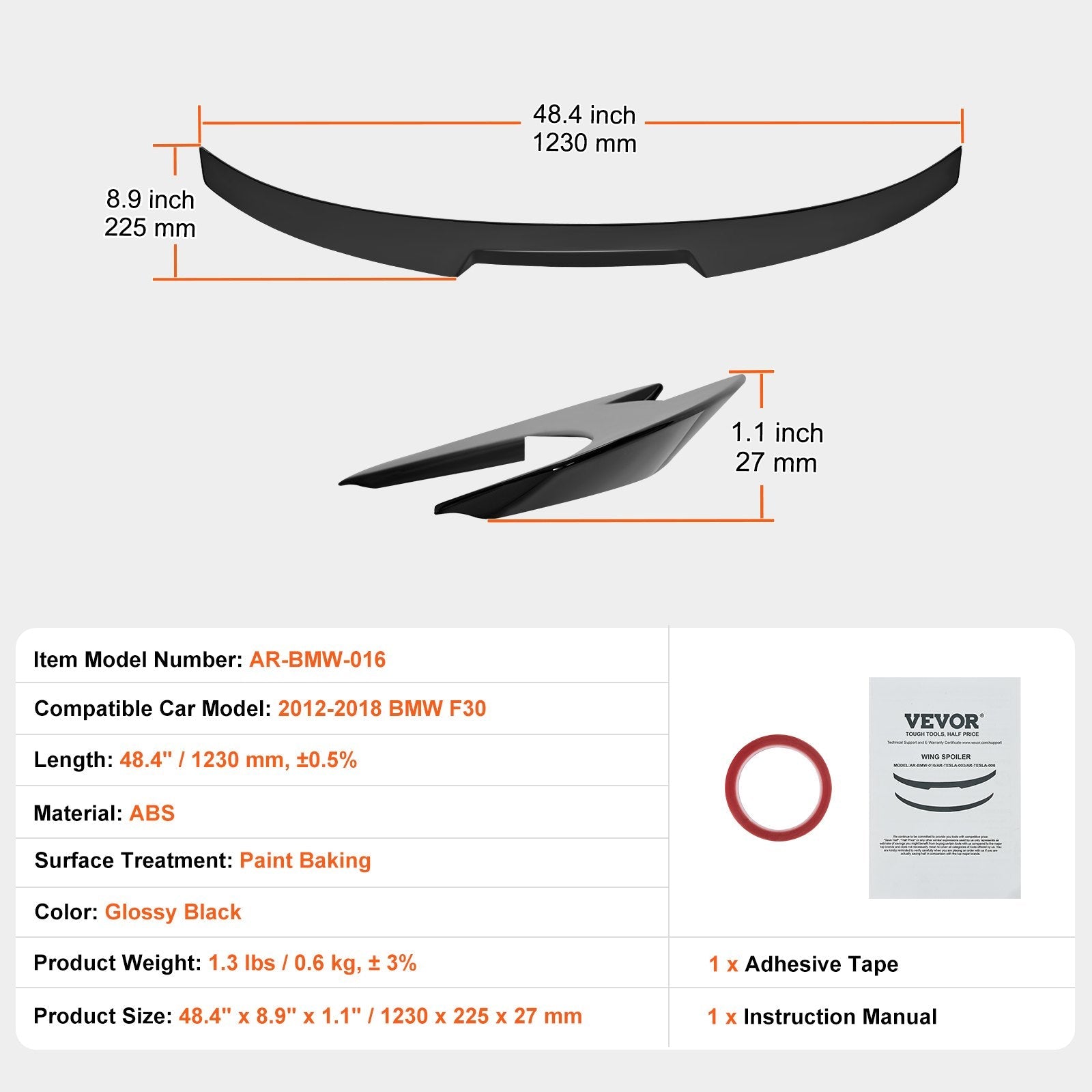 VEVOR GT Wing Car Spoiler, 48.4 inch Spoiler, Compatible with 2012-2018 BMW F30, High Strength ABS Material, Baking Paint, Car Rear Spoiler Wing, Racing Spoilers for Cars, Glossy Black 