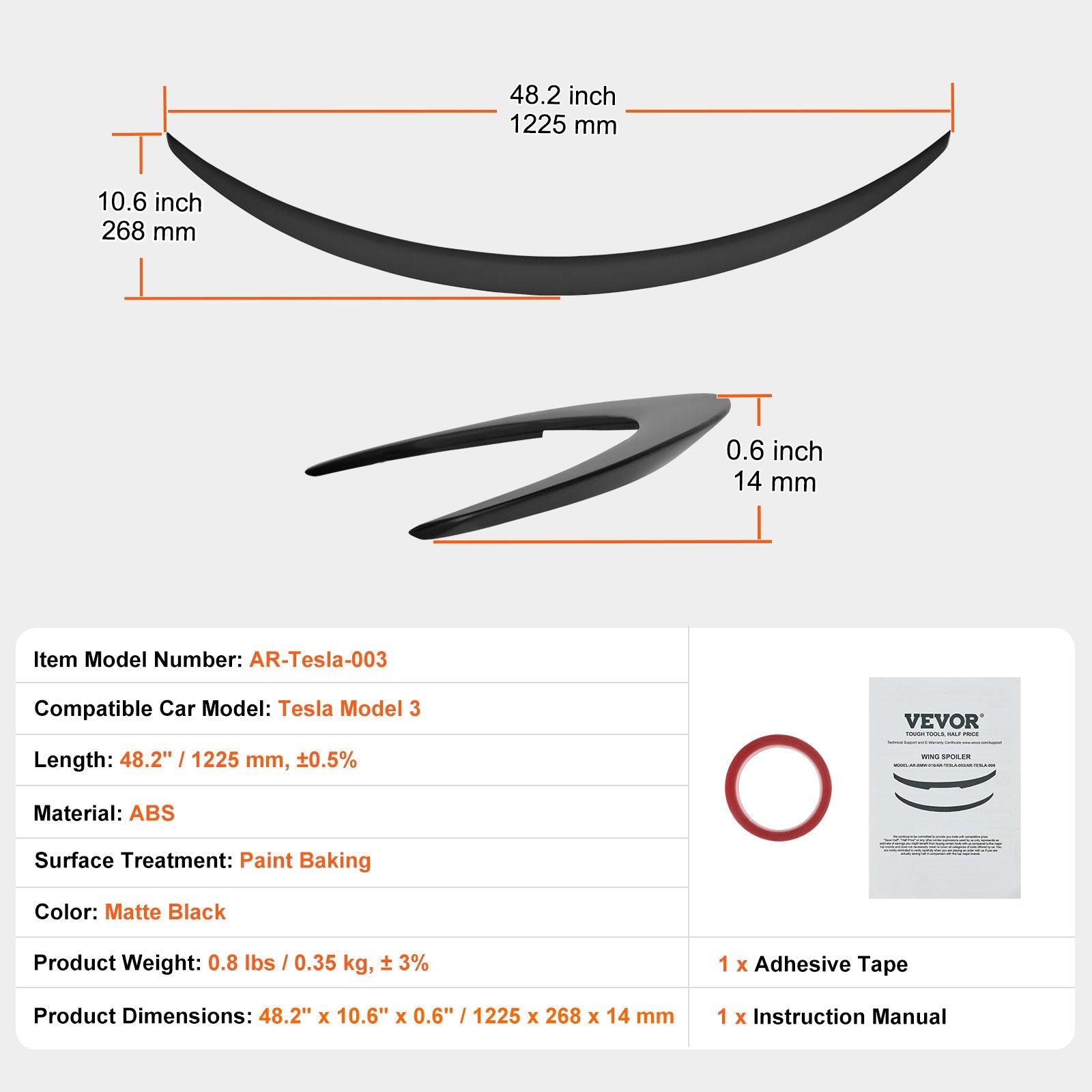 VEVOR GT Wing Car Spoiler, 48.2 inch Spoiler, Compatible with Tesla Model 3, High Strength ABS Material, Baking Paint, Car Rear Spoiler Wing, Racing Spoilers for Cars, Matte Black 