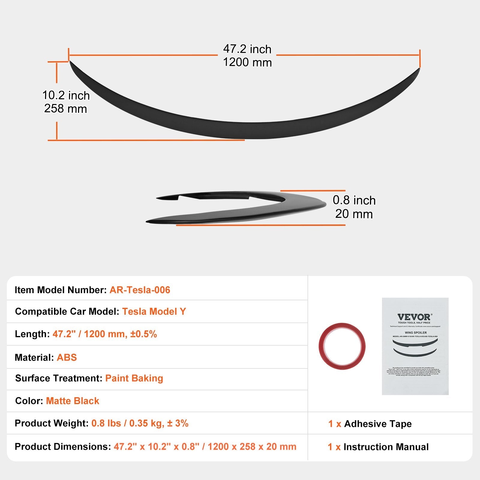 VEVOR Rear Spoiler 47.2'' GT Style Trunk Wing Compatible with Tesla Model Y 
