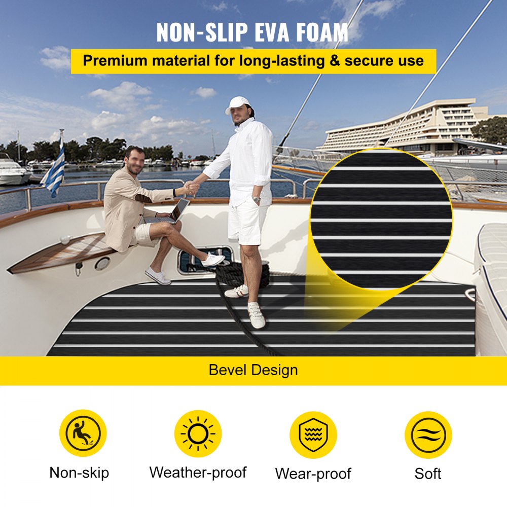 VEVOR EVA Foam Faux Teak Boat Deck Sheet Floor Pad Mat 94 x 47/94 x 35/90 x 35 Inch Black + White Seam Self-Adhesive Sea Deck Marine Yacht Skid-Proof RV Boat Floor EVA Foam Deck for Garden Floor 