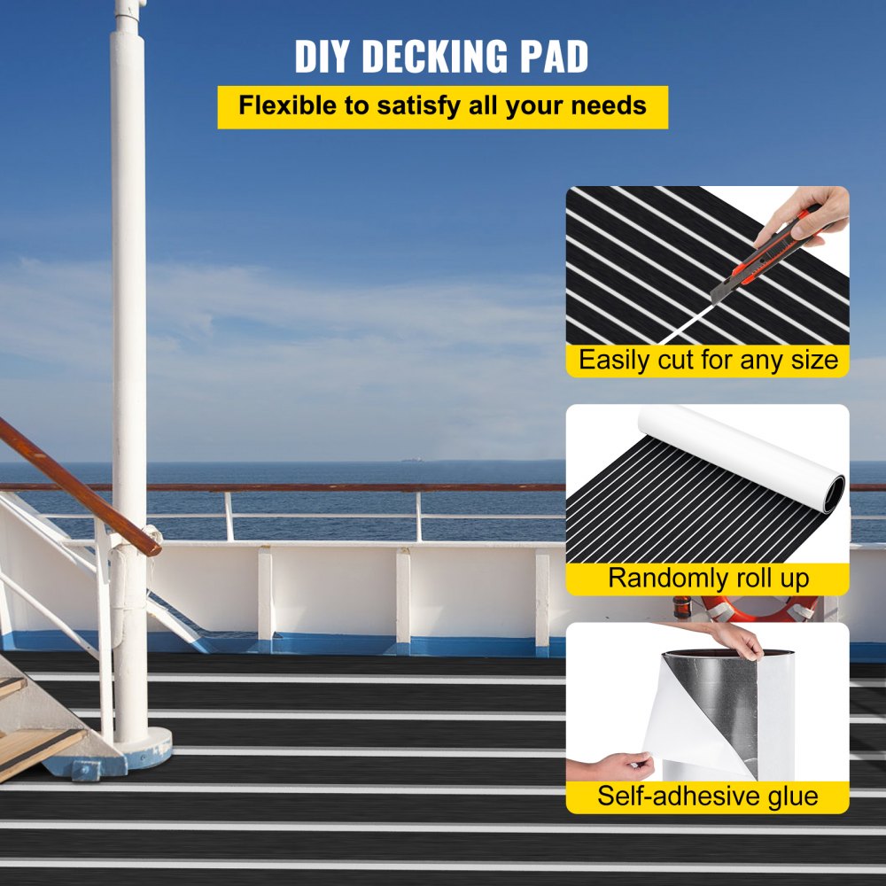 VEVOR EVA Foam Faux Teak Boat Deck Sheet Floor Pad Mat 94 x 47/94 x 35/90 x 35 Inch Black + White Seam Self-Adhesive Sea Deck Marine Yacht Skid-Proof RV Boat Floor EVA Foam Deck for Garden Floor 