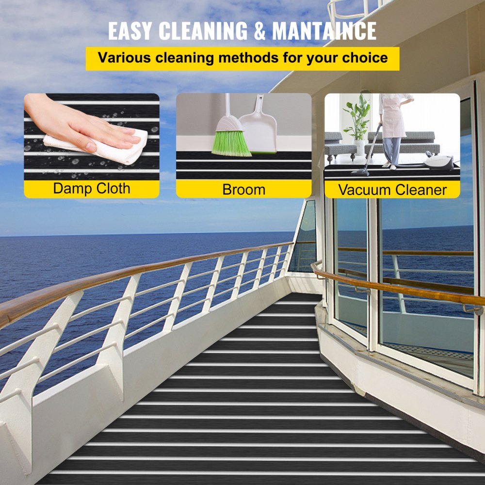 VEVOR EVA Foam Faux Teak Boat Deck Sheet Floor Pad Mat 94 x 47/94 x 35/90 x 35 Inch Black + White Seam Self-Adhesive Sea Deck Marine Yacht Skid-Proof RV Boat Floor EVA Foam Deck for Garden Floor 