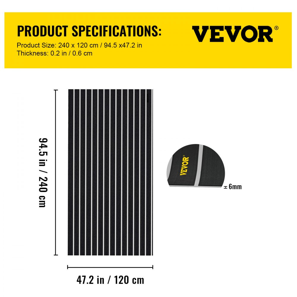 VEVOR EVA Foam Faux Teak Boat Deck Sheet Floor Pad Mat 94 x 47/94 x 35/90 x 35 Inch Black + White Seam Self-Adhesive Sea Deck Marine Yacht Skid-Proof RV Boat Floor EVA Foam Deck for Garden Floor 
