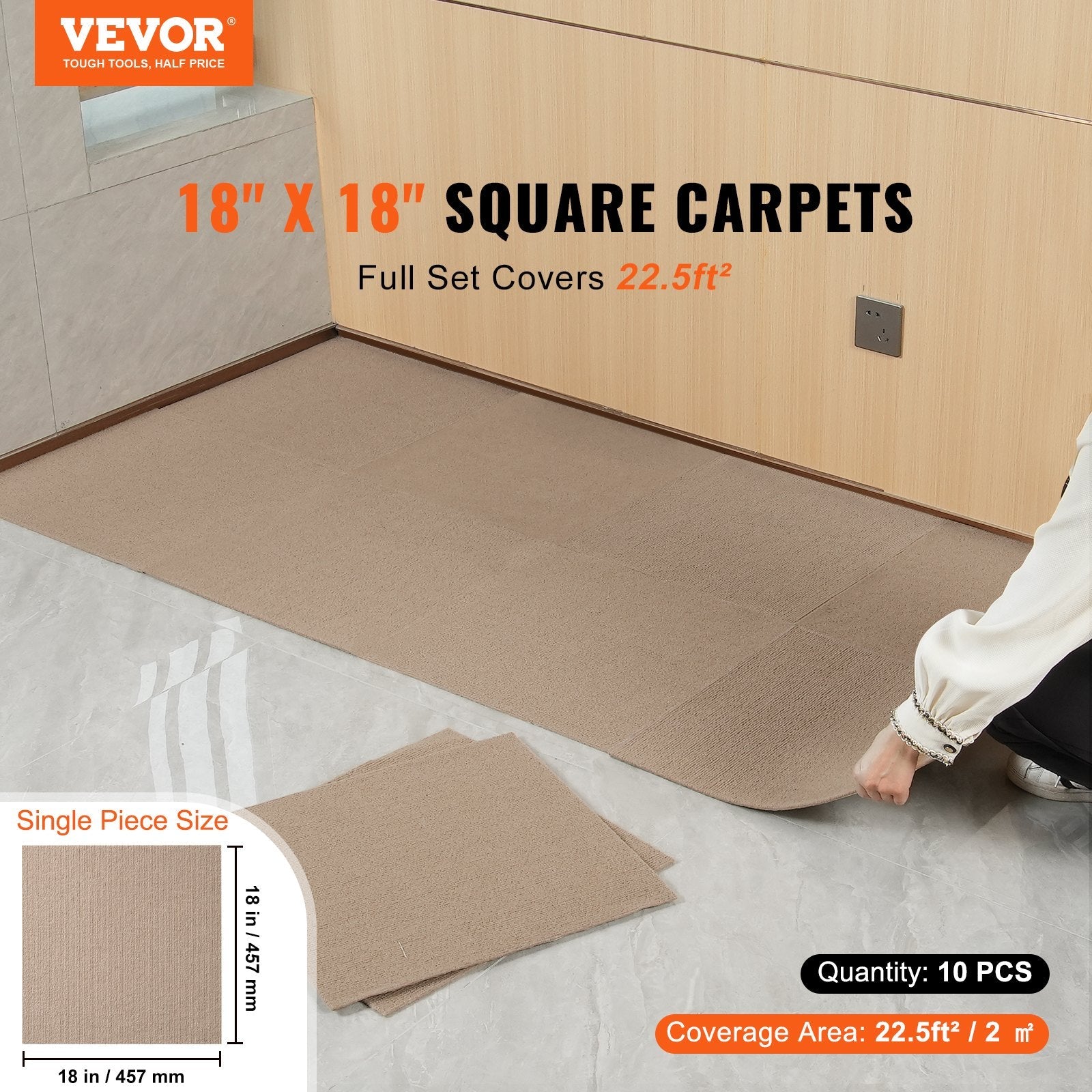 VEVOR Carpet Tiles Peel and Stick, 18” x 18” Squares Self Adhesive Carpet Floor Tile, Soft Padded Carpet Tiles, Easy Install DIY for Bedroom Living Room Indoor Outdoor (10 Tiles, Light Brown) 