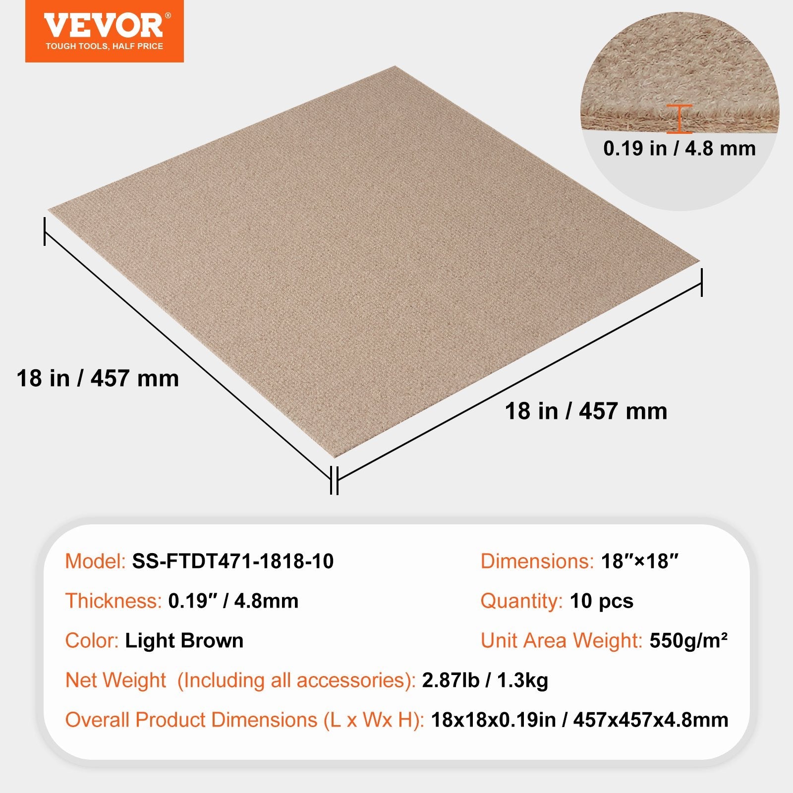 VEVOR Carpet Tiles Peel and Stick, 18” x 18” Squares Self Adhesive Carpet Floor Tile, Soft Padded Carpet Tiles, Easy Install DIY for Bedroom Living Room Indoor Outdoor (10 Tiles, Light Brown) 
